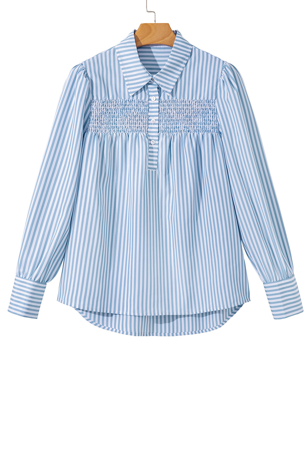 Sky Blue Stripe Shirred Detail Half Placket Collared Long Sleeve Fall Shirt-Tops/Blouses & Shirts-[Adult]-[Female]-2022 Online Blue Zone Planet