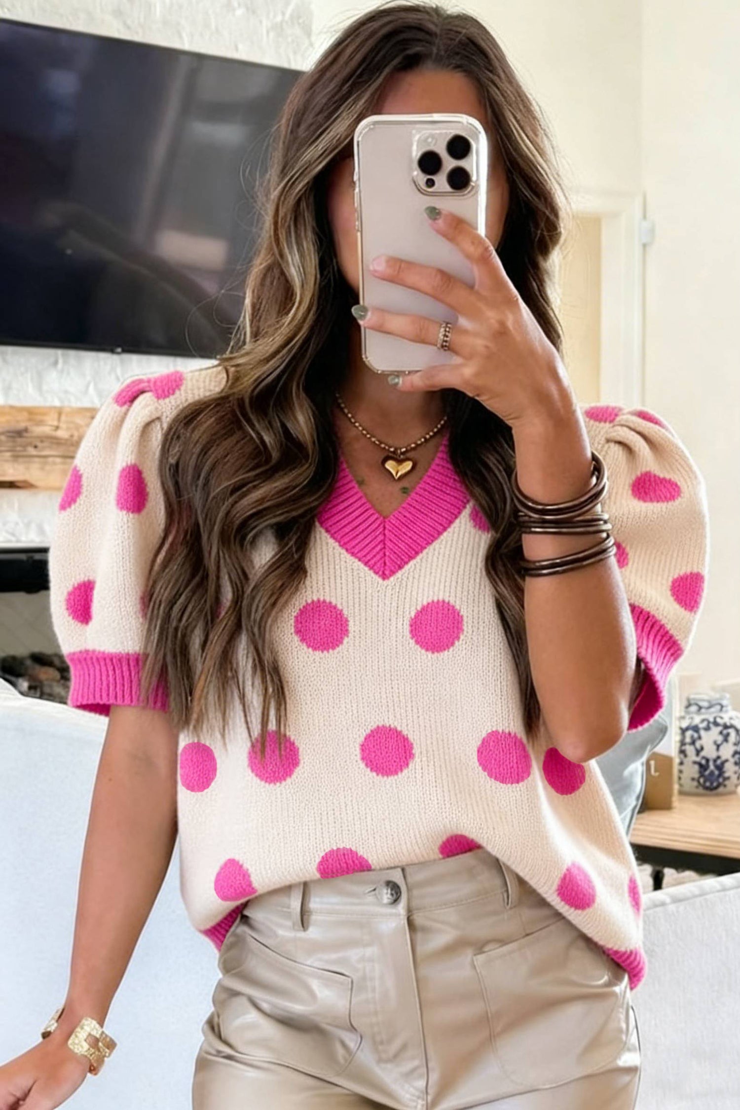 Rose Red Polka Dot Puff Short Sleeve Sweater Top-Sweaters & Cardigans/Short Sleeve Sweaters-[Adult]-[Female]-2022 Online Blue Zone Planet