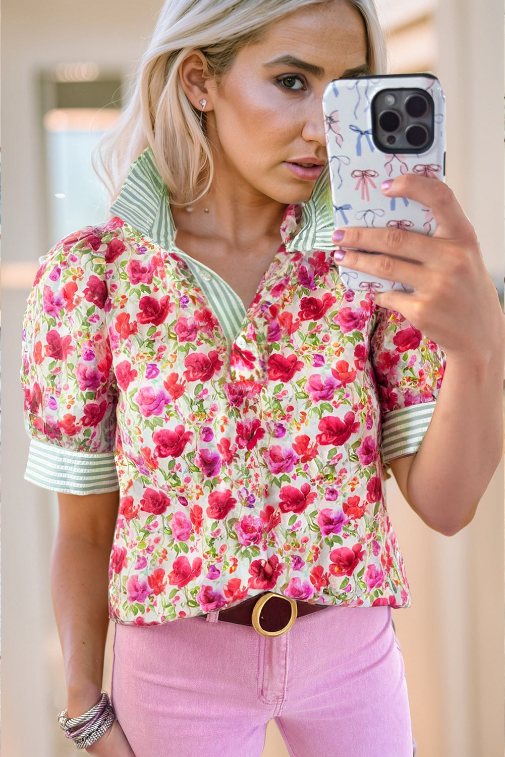 Red Floral Print Striped Patchwork Collared Short Sleeve Blouse-Tops/Blouses & Shirts-[Adult]-[Female]-2022 Online Blue Zone Planet