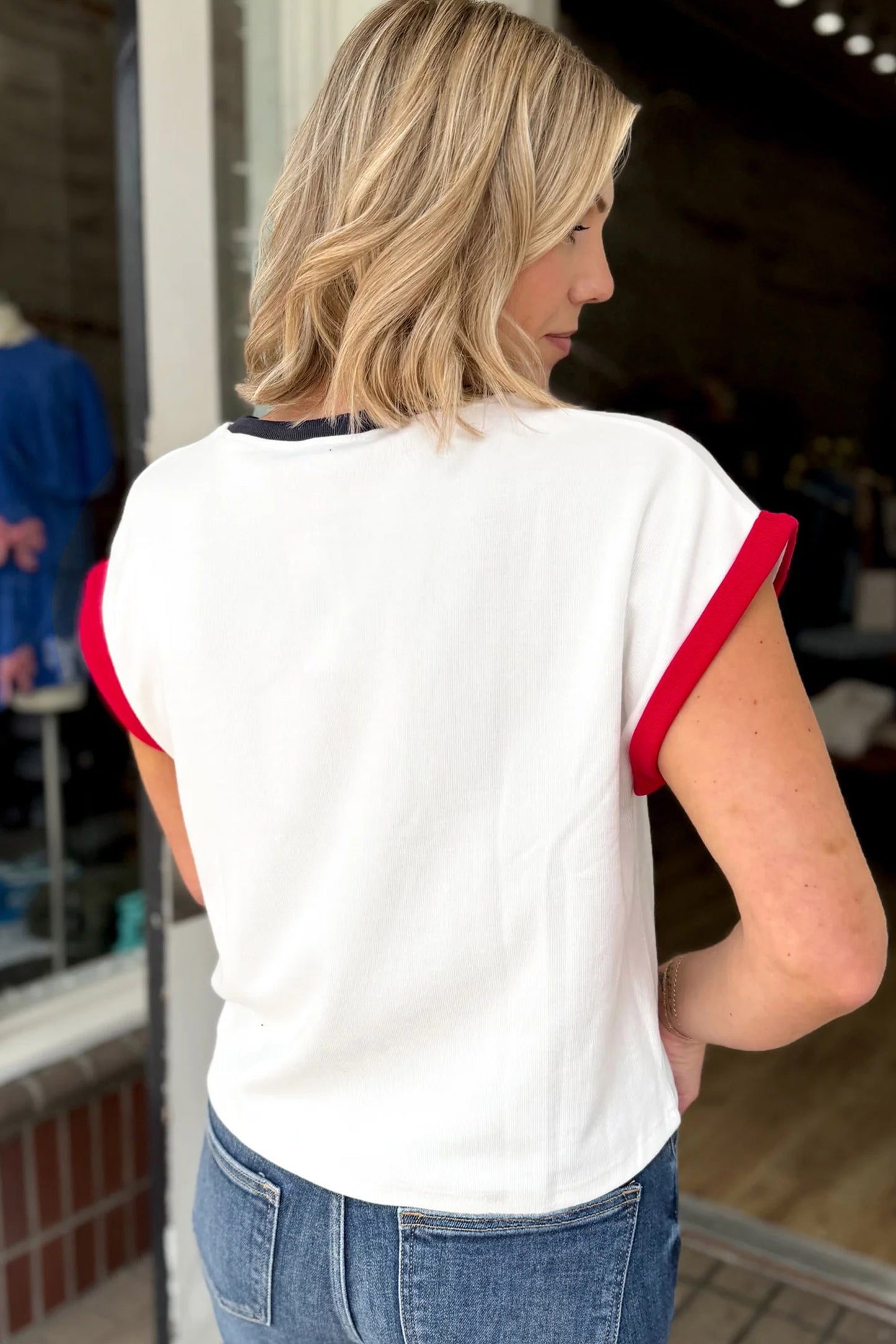 White Usa Sequin Color Block Trim Loose T Shirt-Tops/Tops & Tees-[Adult]-[Female]-2022 Online Blue Zone Planet