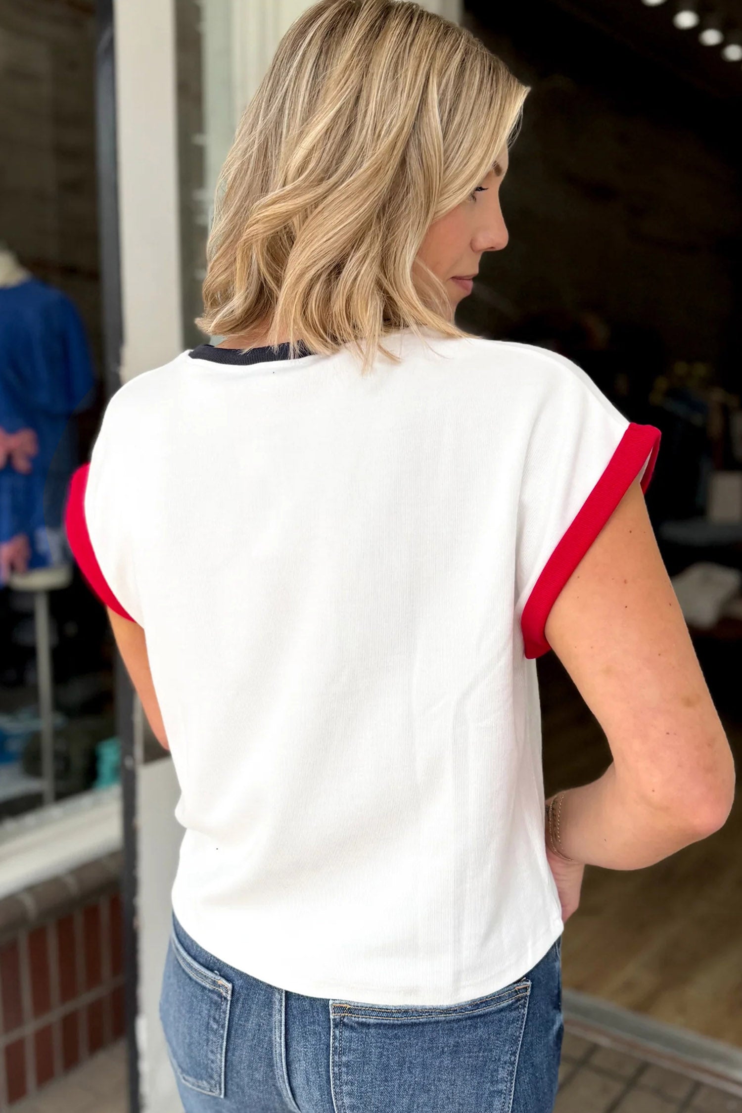 White Usa Sequin Color Block Trim Loose T Shirt-Tops/Tops & Tees-[Adult]-[Female]-2022 Online Blue Zone Planet