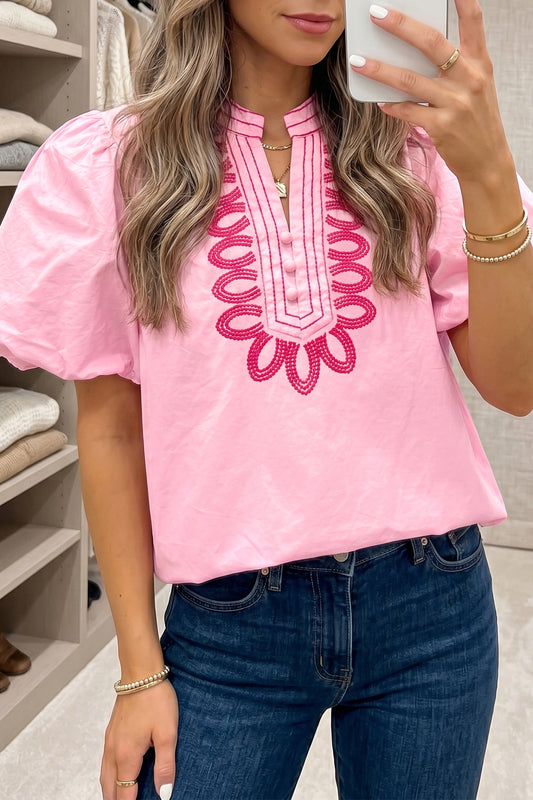 Pink Boho Embroidered Detail Puff Sleeve Cotton Blouse-Tops/Blouses & Shirts-[Adult]-[Female]-Pink-S-2022 Online Blue Zone Planet