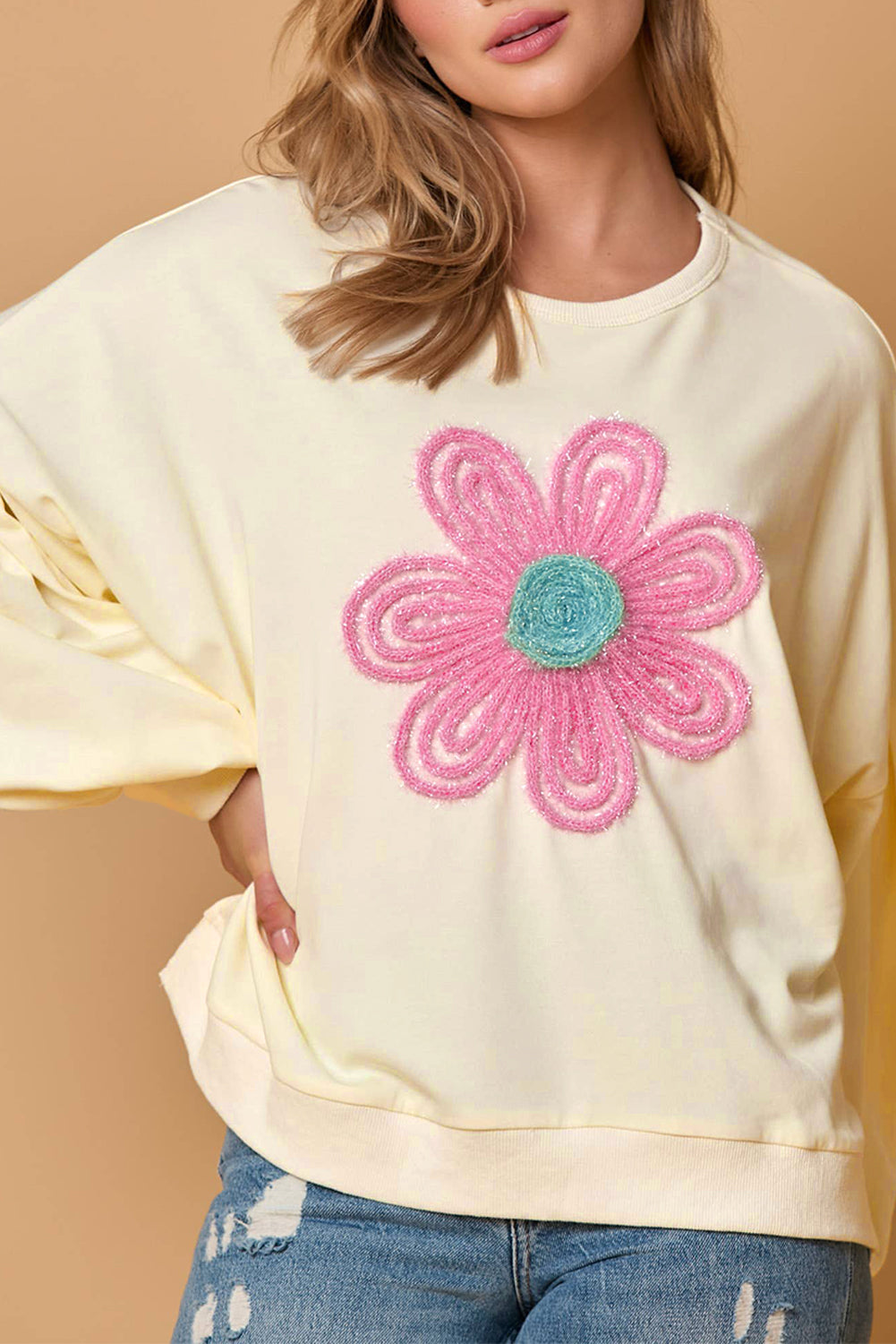 Blue Zone Planet | Beige Tinsel Flower Dropped Puff Sleeve Sweatshirt-Tops/Sweatshirts & Hoodies-[Adult]-[Female]-Beige-S-2022 Online Blue Zone Planet