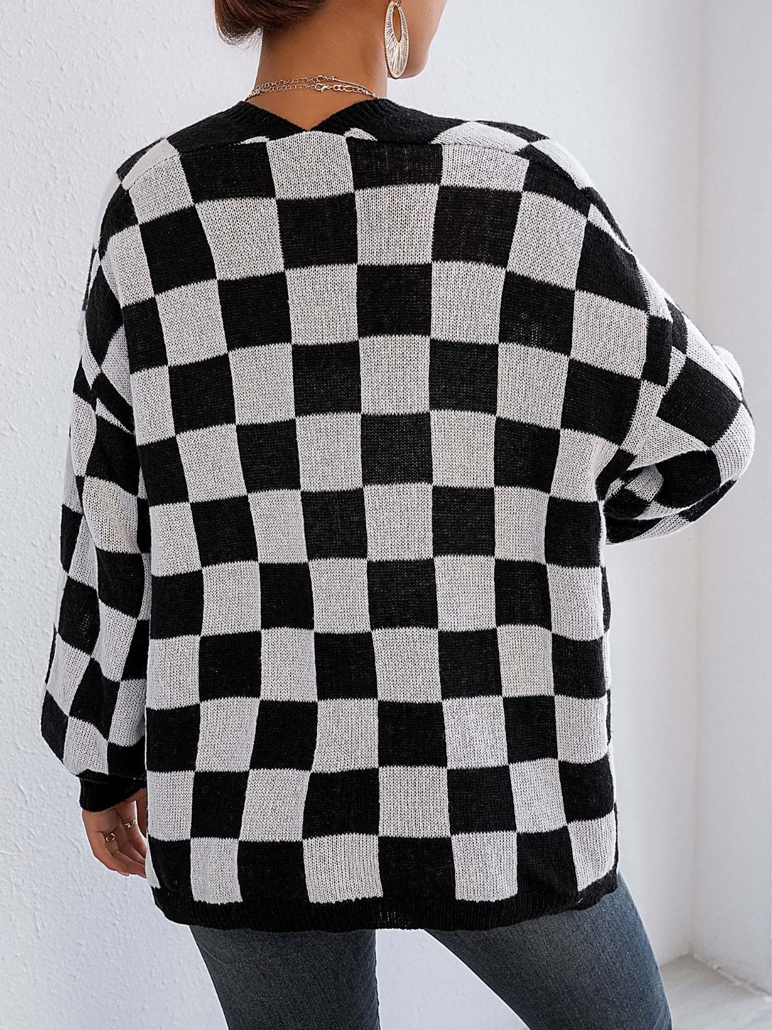 Checkered Open Front Long Sleeve Cardigan-TOPS / DRESSES-[Adult]-[Female]-2022 Online Blue Zone Planet