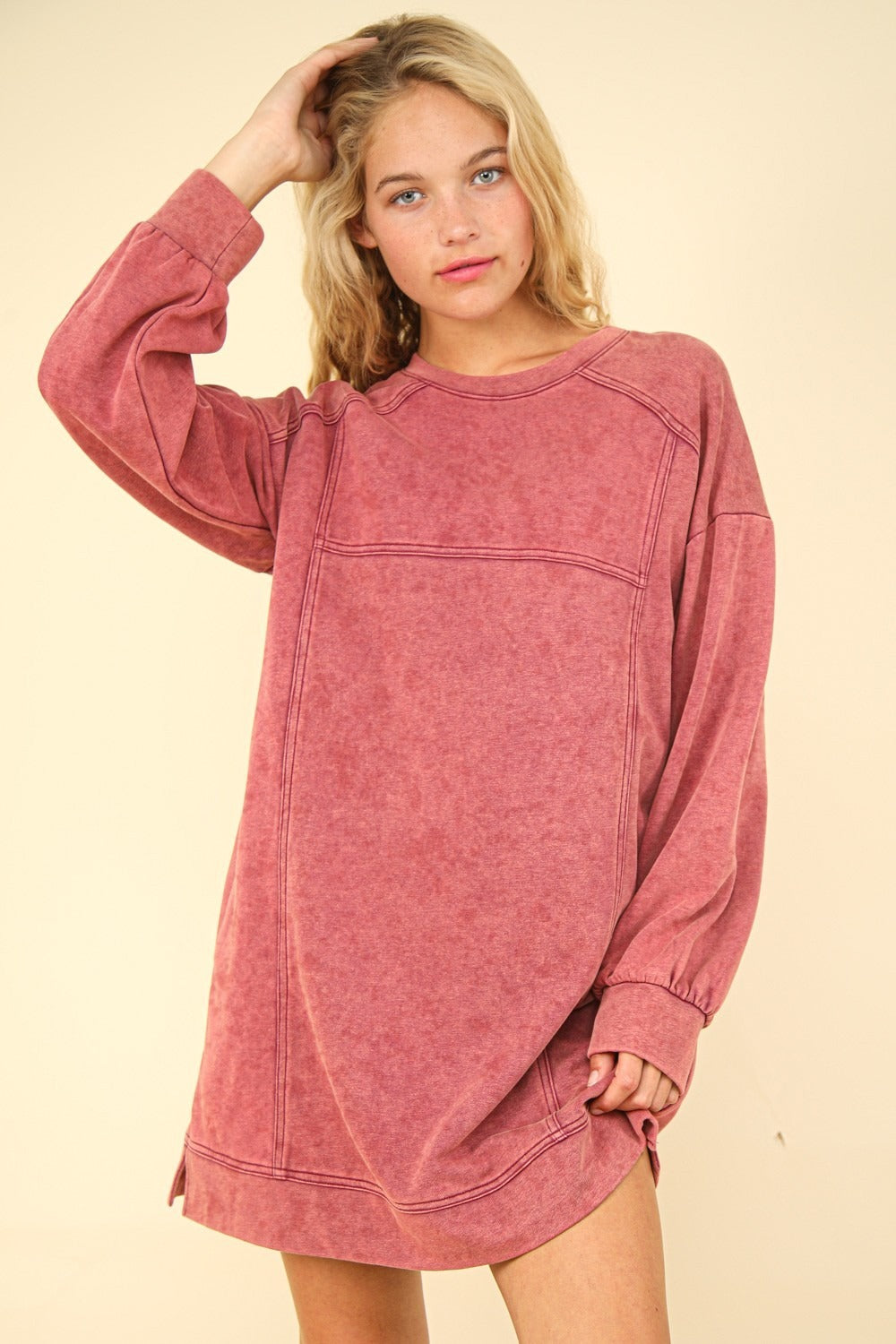 VERY J Mineral Washed Oversized Sweatshirt Mini Dress-TOPS / DRESSES-[Adult]-[Female]-Magenta-S-2022 Online Blue Zone Planet