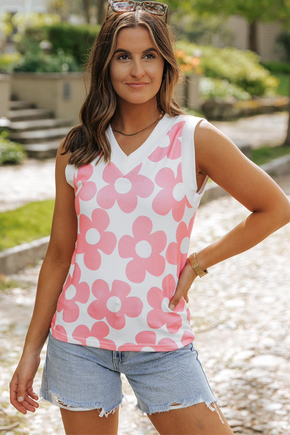 Pink Cute Flower Knitted V Neck Tank Top-Tops/Tank Tops-[Adult]-[Female]-2022 Online Blue Zone Planet