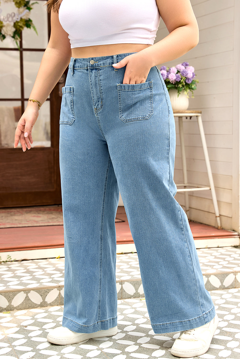 Dusk Blue Patched Pocket Textured Wide Leg Plus Size Jeans-Plus Size/Plus Size Bottoms-[Adult]-[Female]-2022 Online Blue Zone Planet