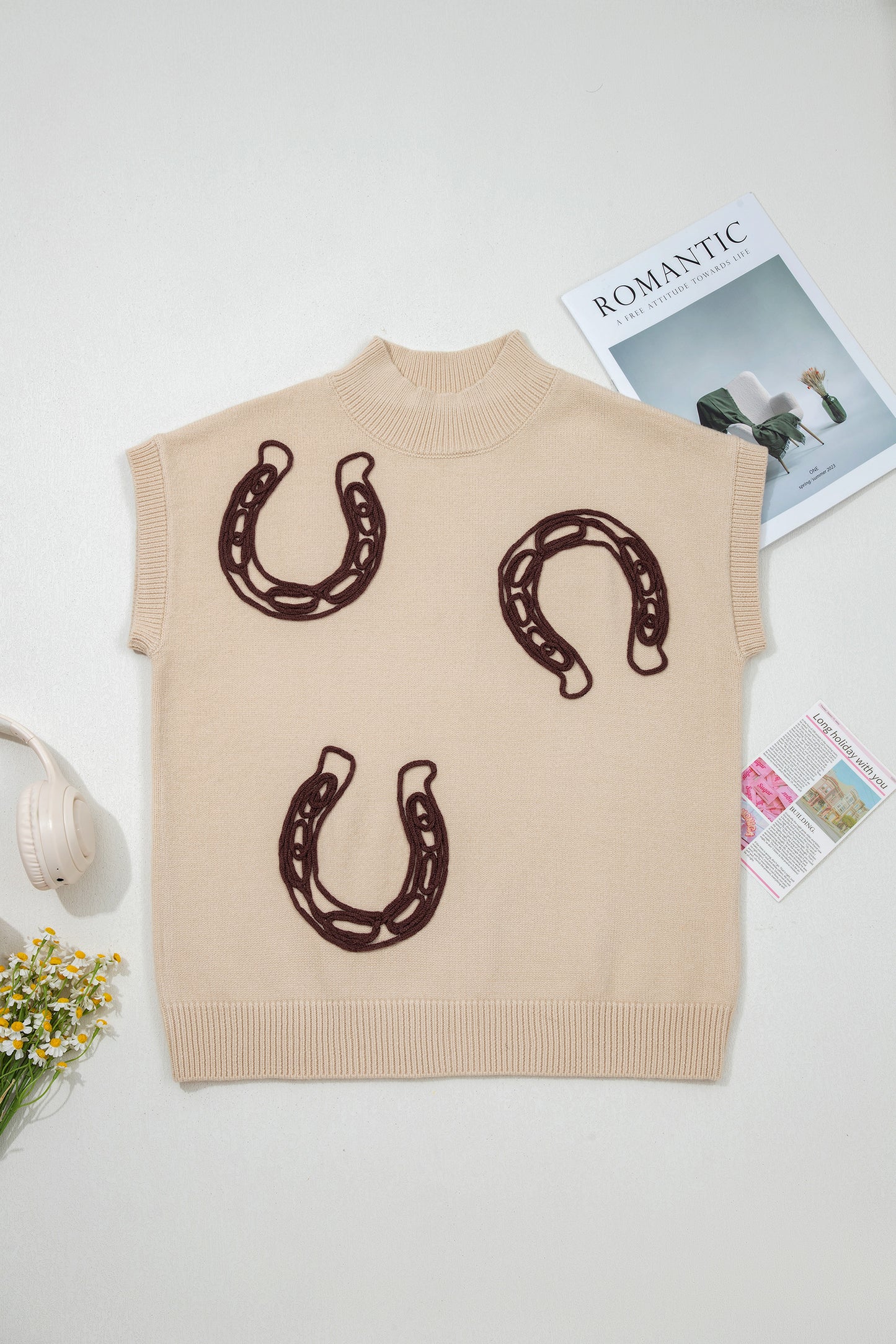 Parchment Corded Horseshoes Ribbed Trim Mock Neck Short Sleeve Sweater-TOPS / DRESSES-[Adult]-[Female]-2022 Online Blue Zone Planet