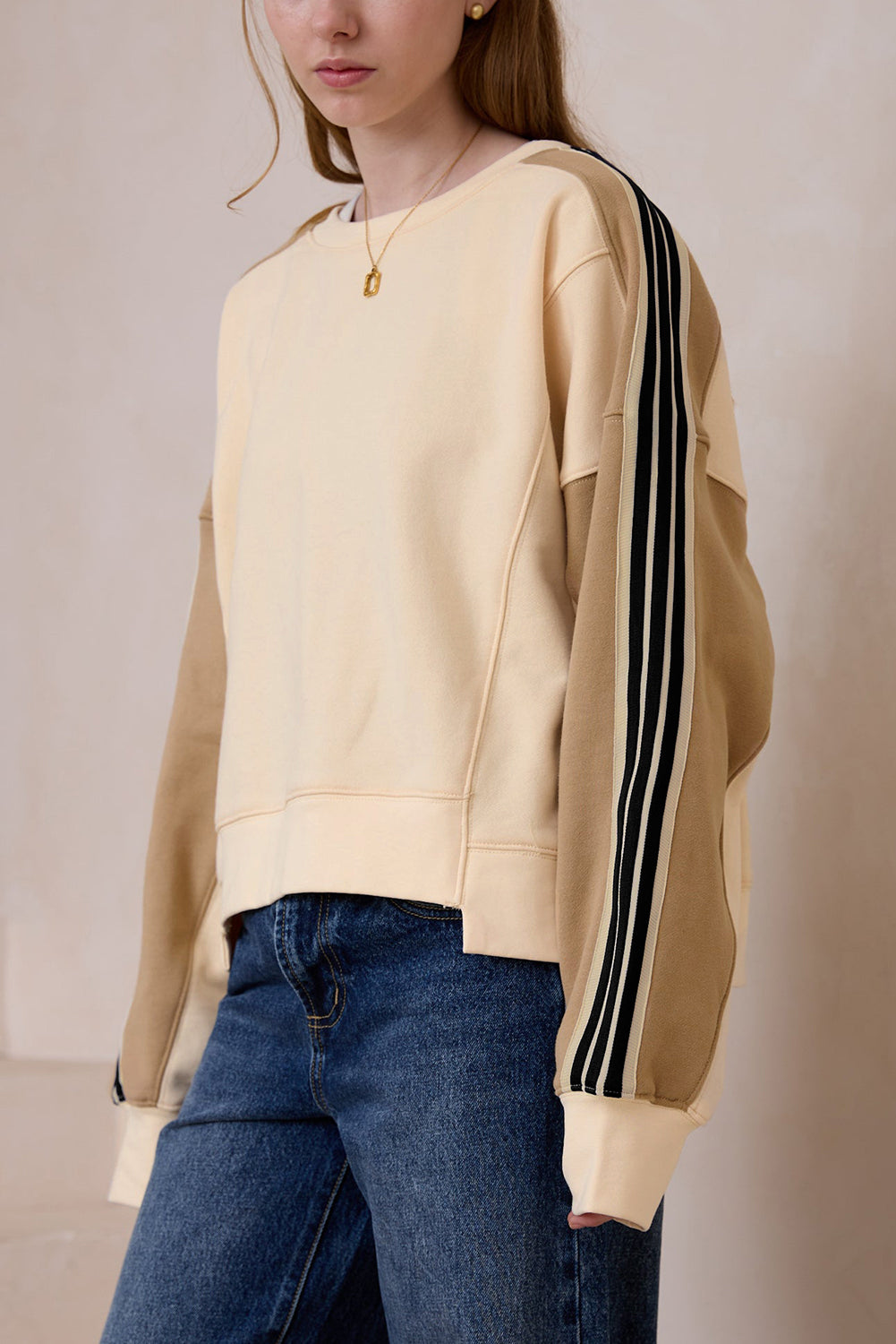 Beige Contrast Striped Patchwork Drop Shoulder Loose Sweatshirt-Tops/Sweatshirts & Hoodies-[Adult]-[Female]-2022 Online Blue Zone Planet