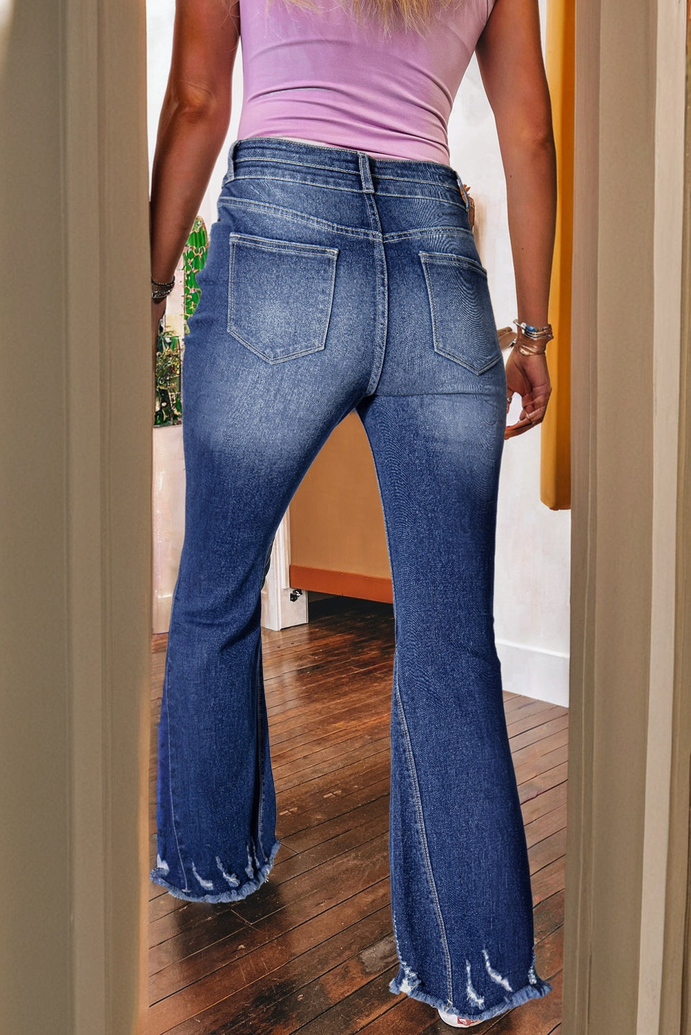 Blue Zone Planet | Sail Blue High Rise Dual Button Distressed Raw Hem Flared Jeans-Bottoms/Jeans-[Adult]-[Female]-2022 Online Blue Zone Planet