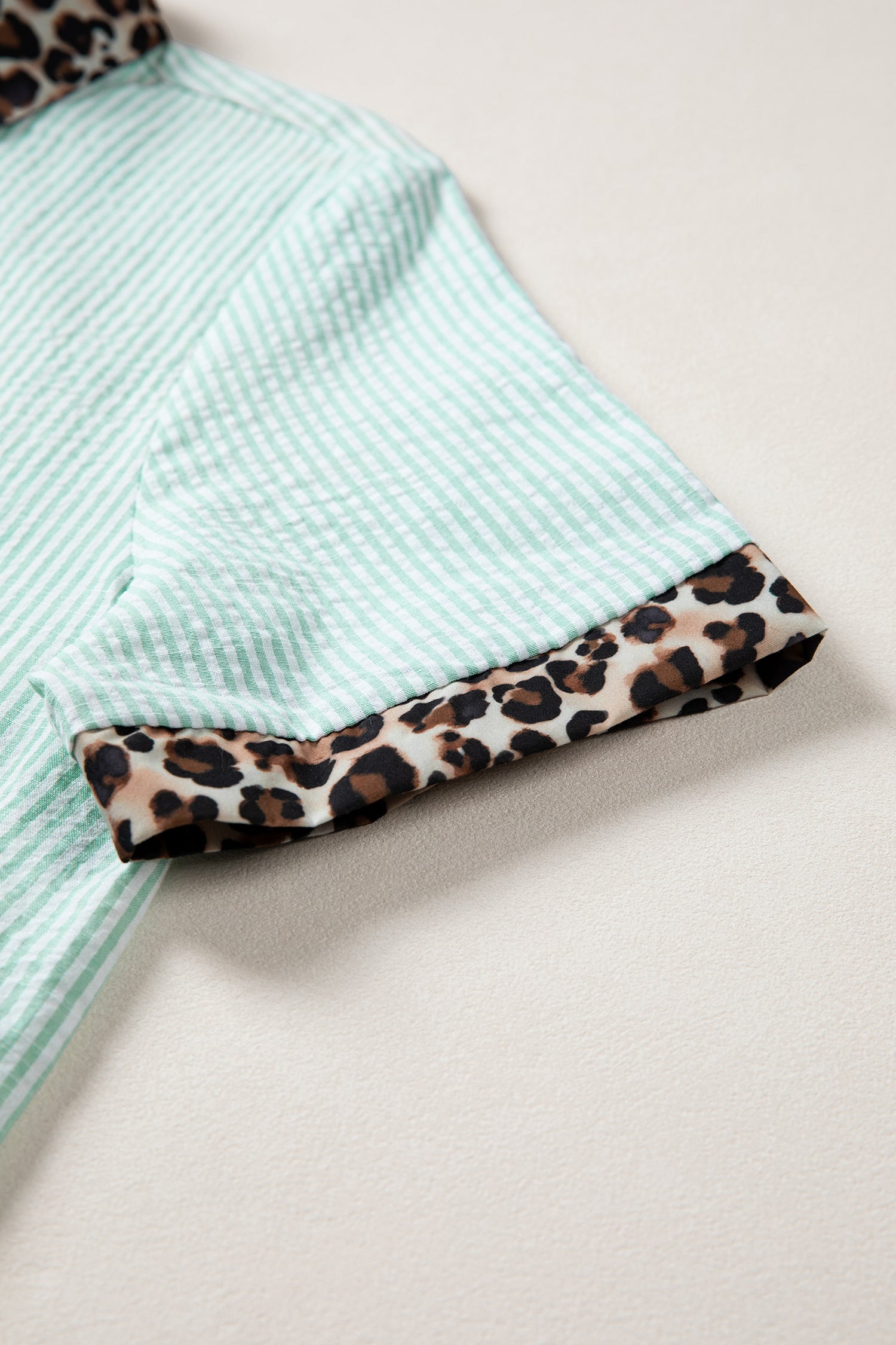 Sky Blue Stripe Leopard Contrast Collar Short Sleeve Shirt-Tops/Blouses & Shirts-[Adult]-[Female]-2022 Online Blue Zone Planet
