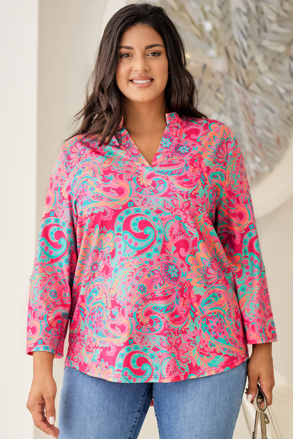 Plus Size Printed Notched Long Sleeve Blouse-TOPS / DRESSES-[Adult]-[Female]-2022 Online Blue Zone Planet