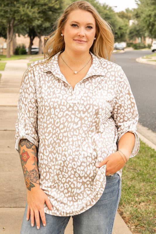 Apricot Leopard Tab Sleeve V Neck Plus Size Top-Plus Size/Plus Size Tops/Plus Size Blouses & Shirts-[Adult]-[Female]-Apricot-1X-2022 Online Blue Zone Planet