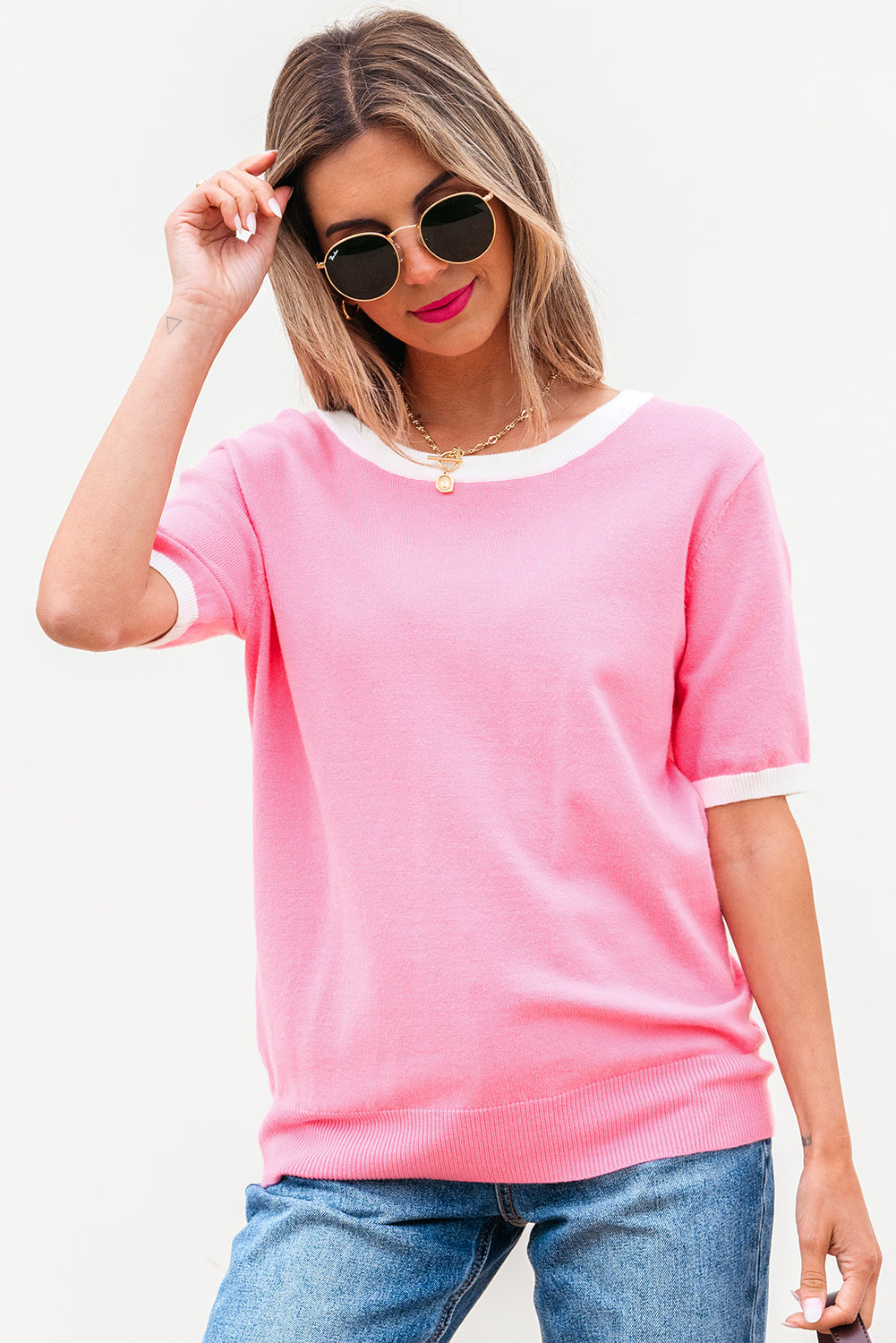 Bonbon Colorblock Bow V-Shape Cut Back Short Sleeve Sweater-TOPS / DRESSES-[Adult]-[Female]-2022 Online Blue Zone Planet