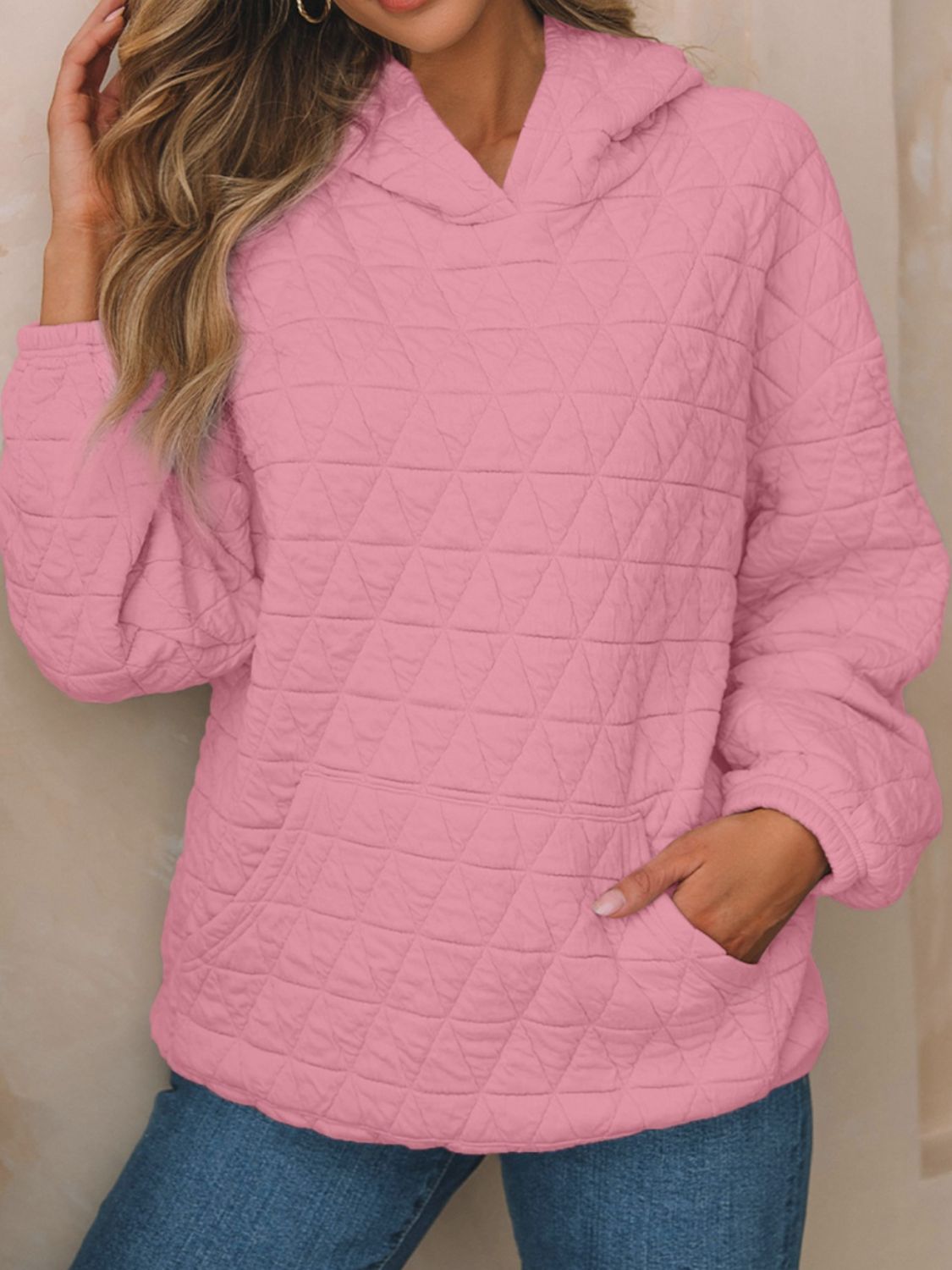 Textured Long Sleeve Hoodie with Pockets-TOPS / DRESSES-[Adult]-[Female]-Dusty Pink-S-2022 Online Blue Zone Planet