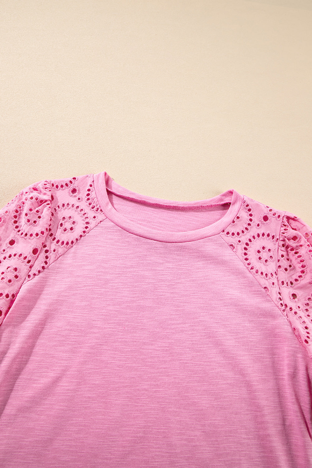 Pink Eyelet Embroidery Scalloped Sleeve Round Neck T Shirt-Tops/Tops & Tees-[Adult]-[Female]-2022 Online Blue Zone Planet