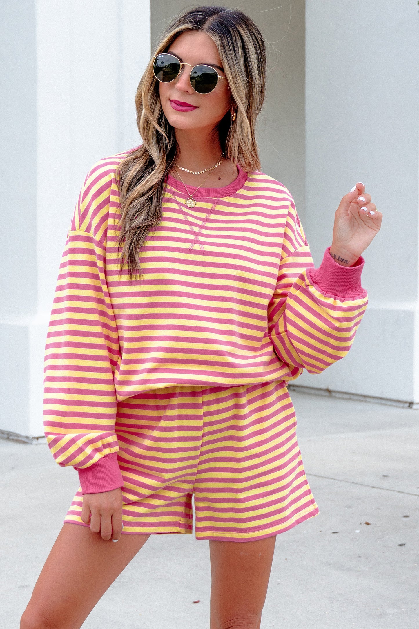 Yellow Stripe Color Block Trim Round Neck Long Sleeve Top Casual Shorts 2pcs Set-Two Piece Sets/Short Sets-[Adult]-[Female]-2022 Online Blue Zone Planet