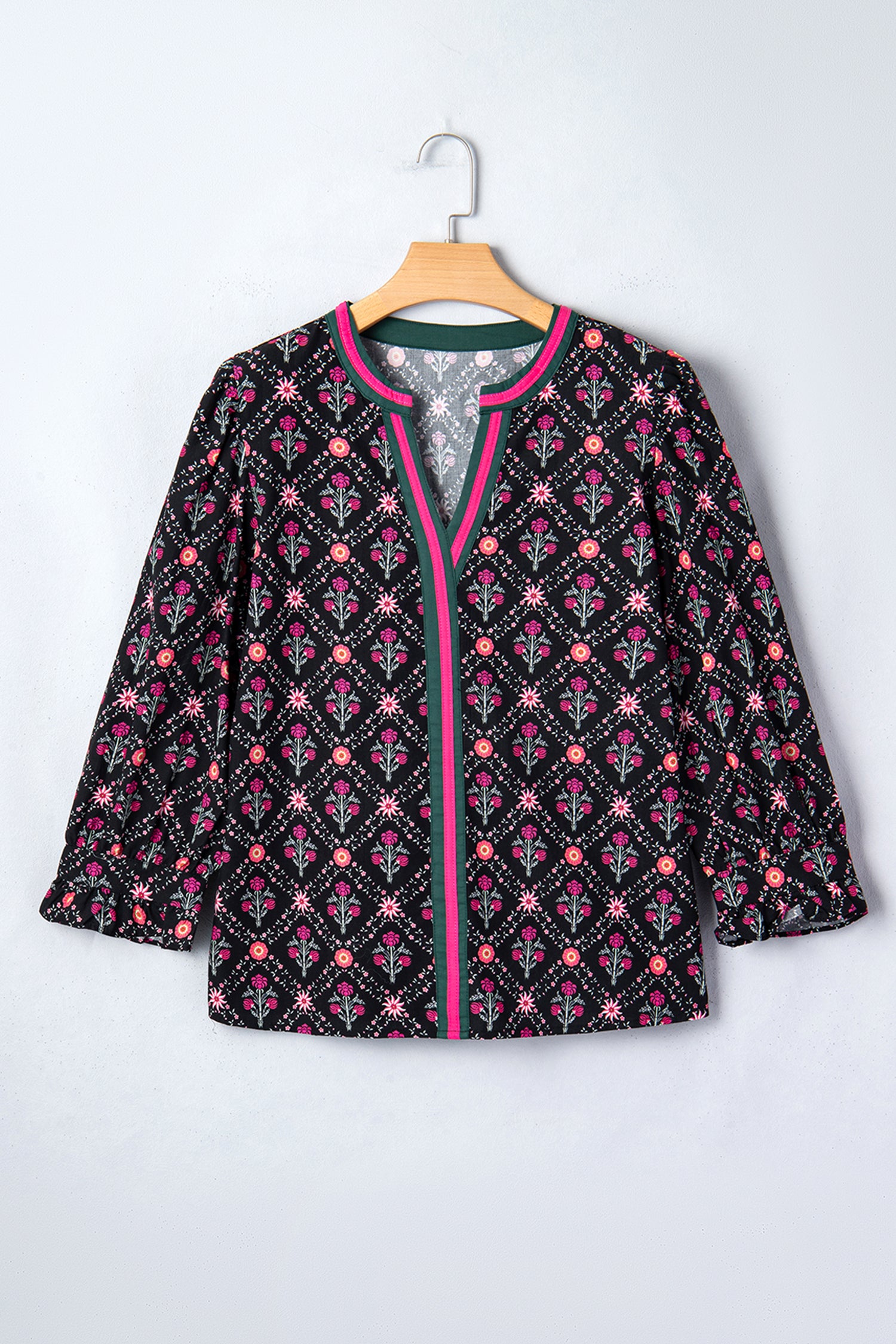 Black Contrast V Neckline Bracelet Sleeve Vintage Floral Blouse-Bracelet-[Adult]-[Female]-2022 Online Blue Zone Planet