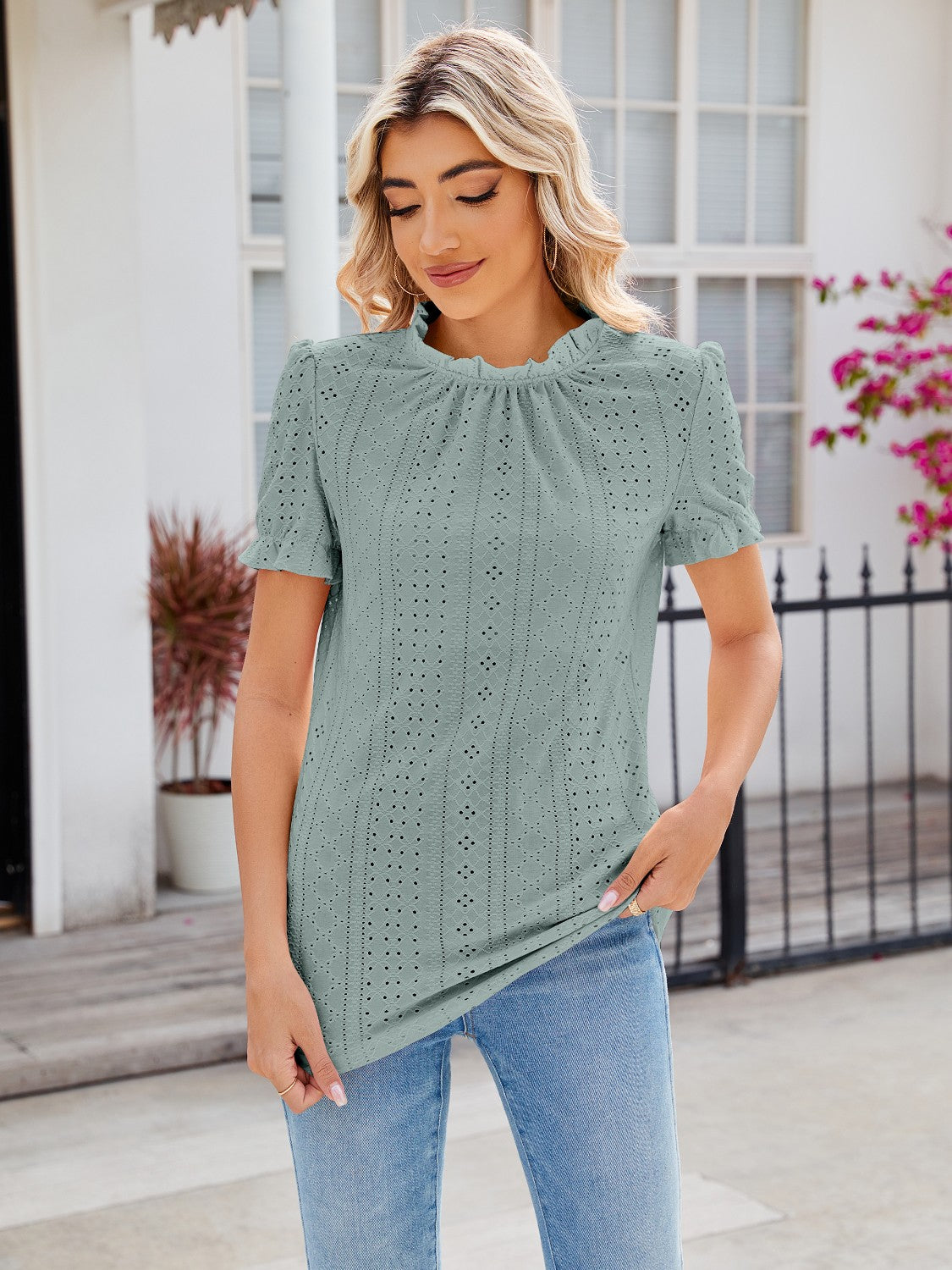 Eyelet Frill Mock Neck Flounce Sleeve Blouse-TOPS / DRESSES-[Adult]-[Female]-2022 Online Blue Zone Planet