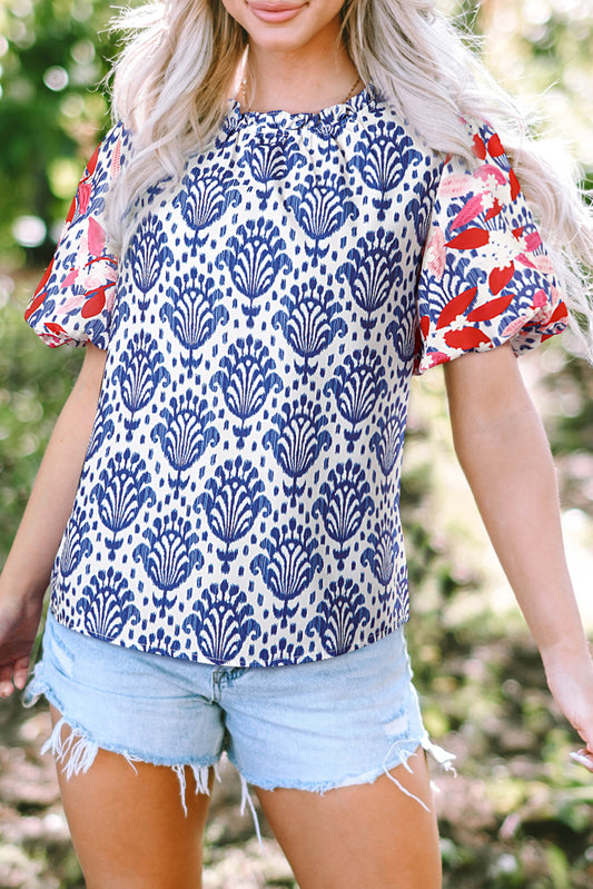 Blue Western Fashion Print Floral Puff Sleeve Frilled Neck Blouse-Tops/Blouses & Shirts-[Adult]-[Female]-Blue-S-2022 Online Blue Zone Planet