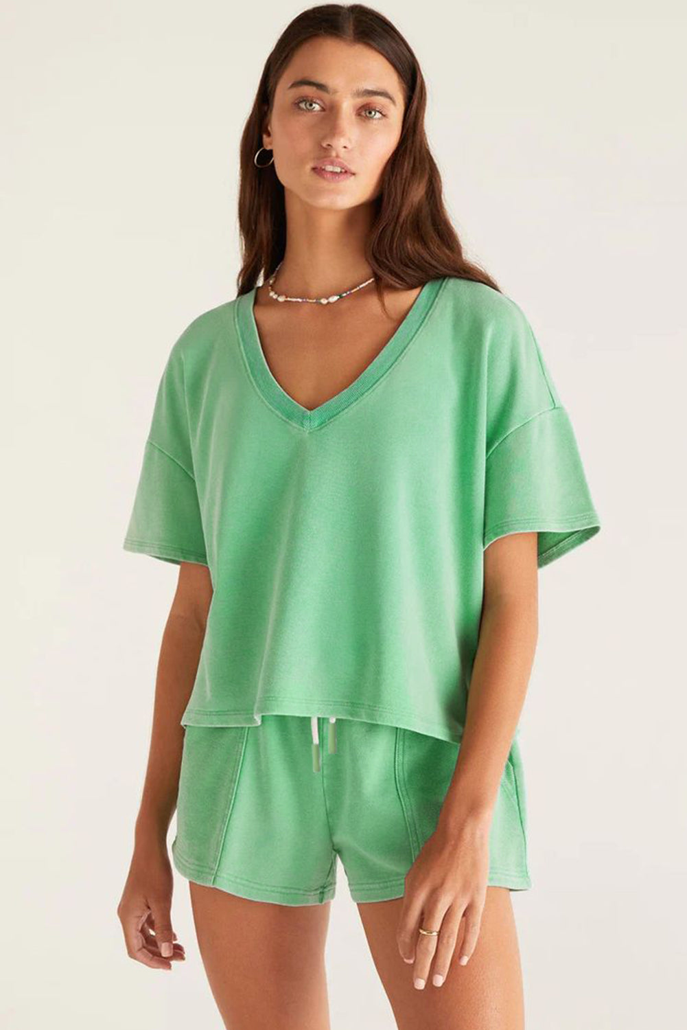 Mint Green V Neck Drop Shoulder Tee And Patchwork Drawstring Shorts Set-Two Piece Sets/Short Sets-[Adult]-[Female]-2022 Online Blue Zone Planet