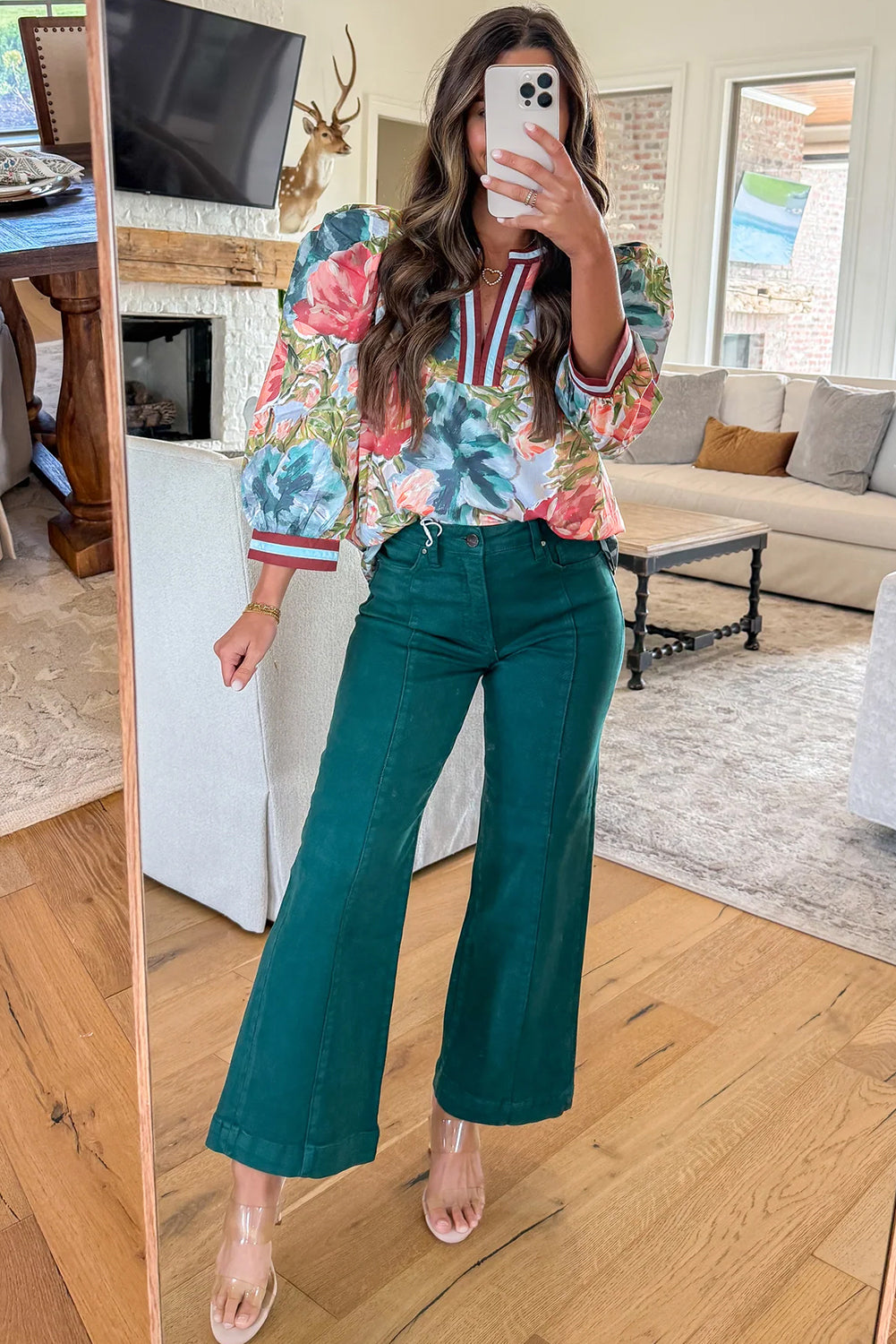 Sky Blue Contrast Trim V Neck Cuffed Bracelet Sleeve Floral Blouse-Tops/Blouses & Shirts-[Adult]-[Female]-2022 Online Blue Zone Planet