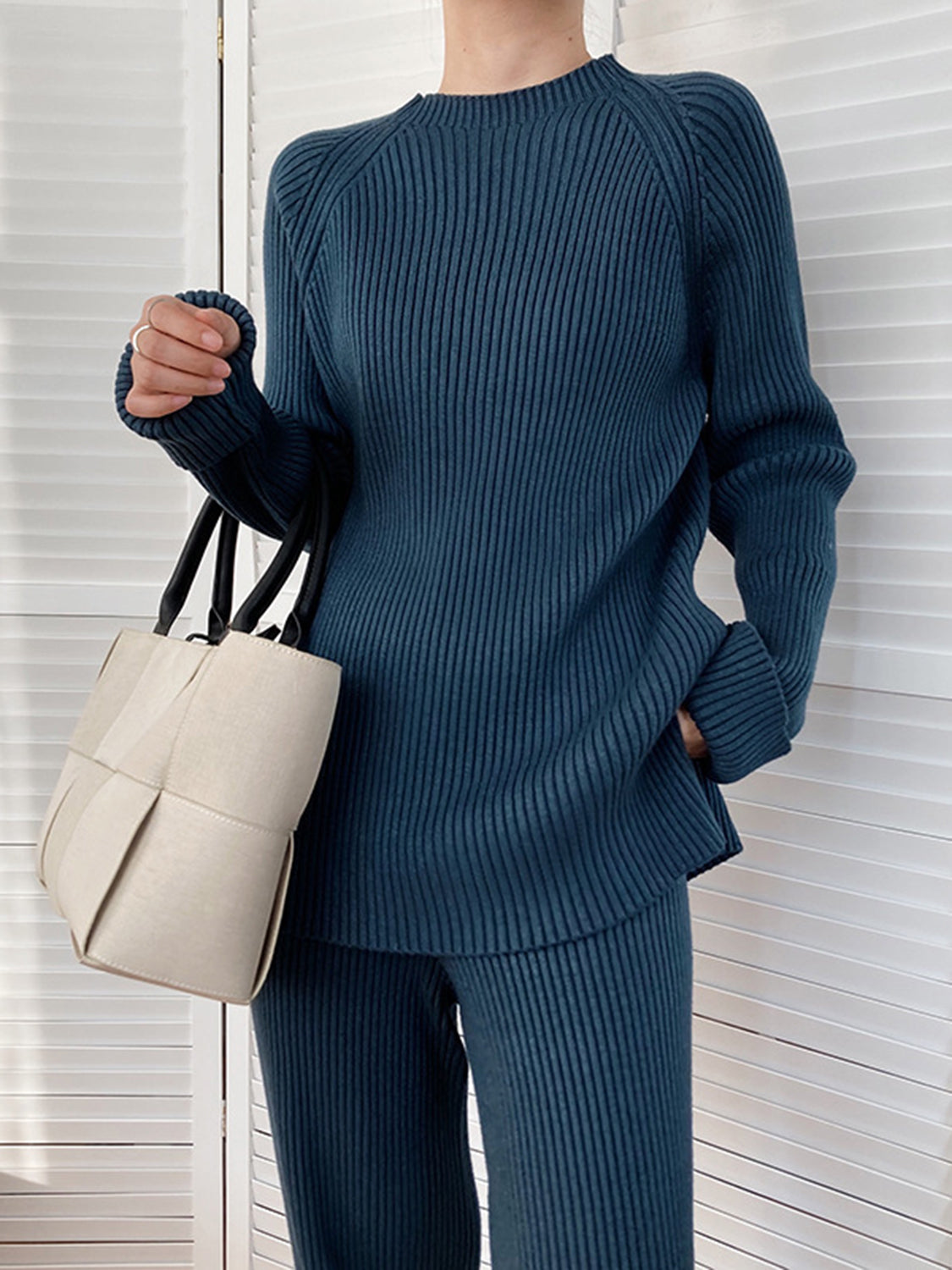 Mock Neck Raglan Sleeve Top and Pants Sweater Set-TOPS / DRESSES-[Adult]-[Female]-French Blue-One Size-2022 Online Blue Zone Planet