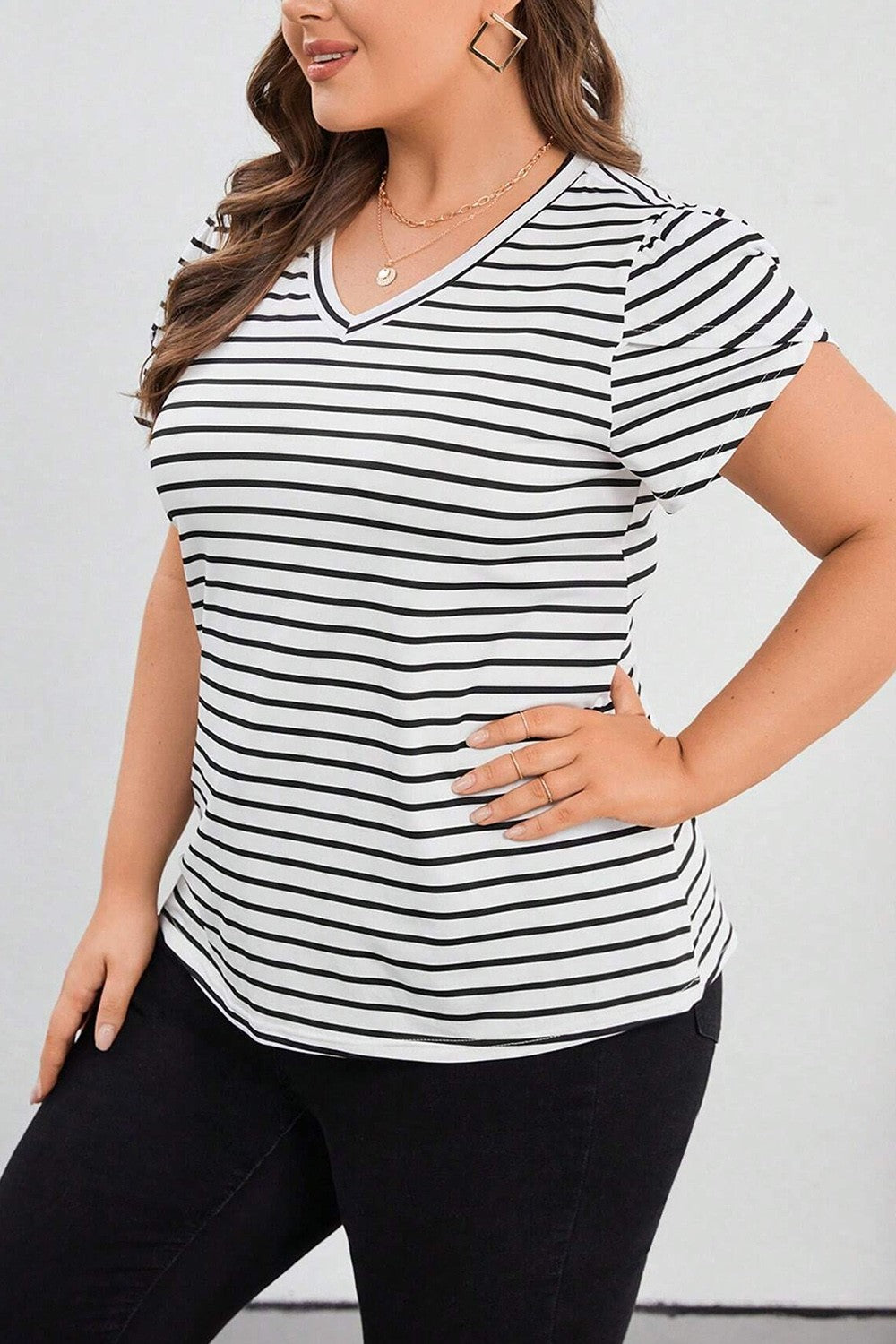 Plus Size Striped V-Neck Short Sleeve T-Shirt-TOPS / DRESSES-[Adult]-[Female]-2022 Online Blue Zone Planet