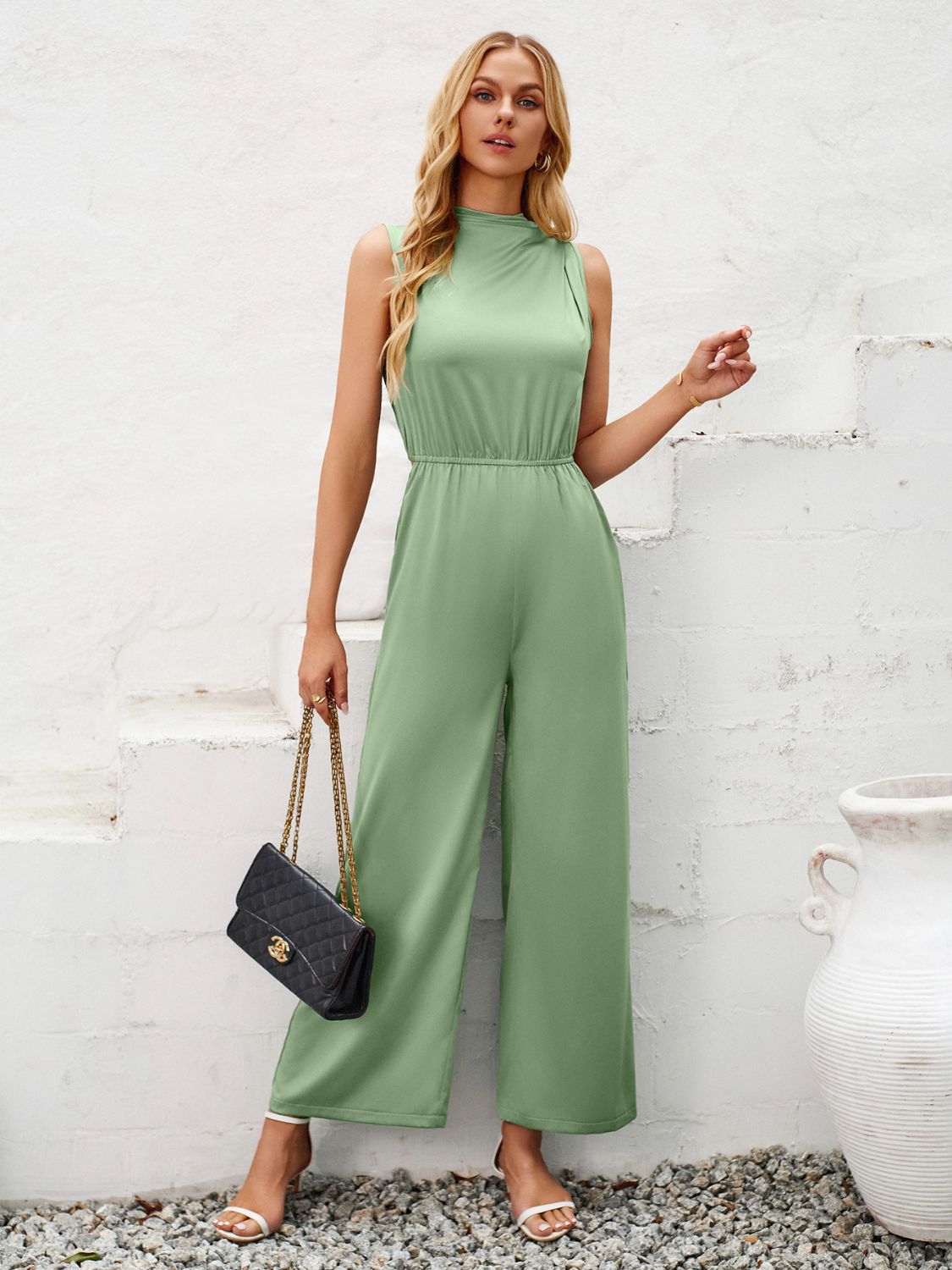 Cutout Tied Wide Leg Sleeveless Jumpsuit-[Adult]-[Female]-2022 Online Blue Zone Planet