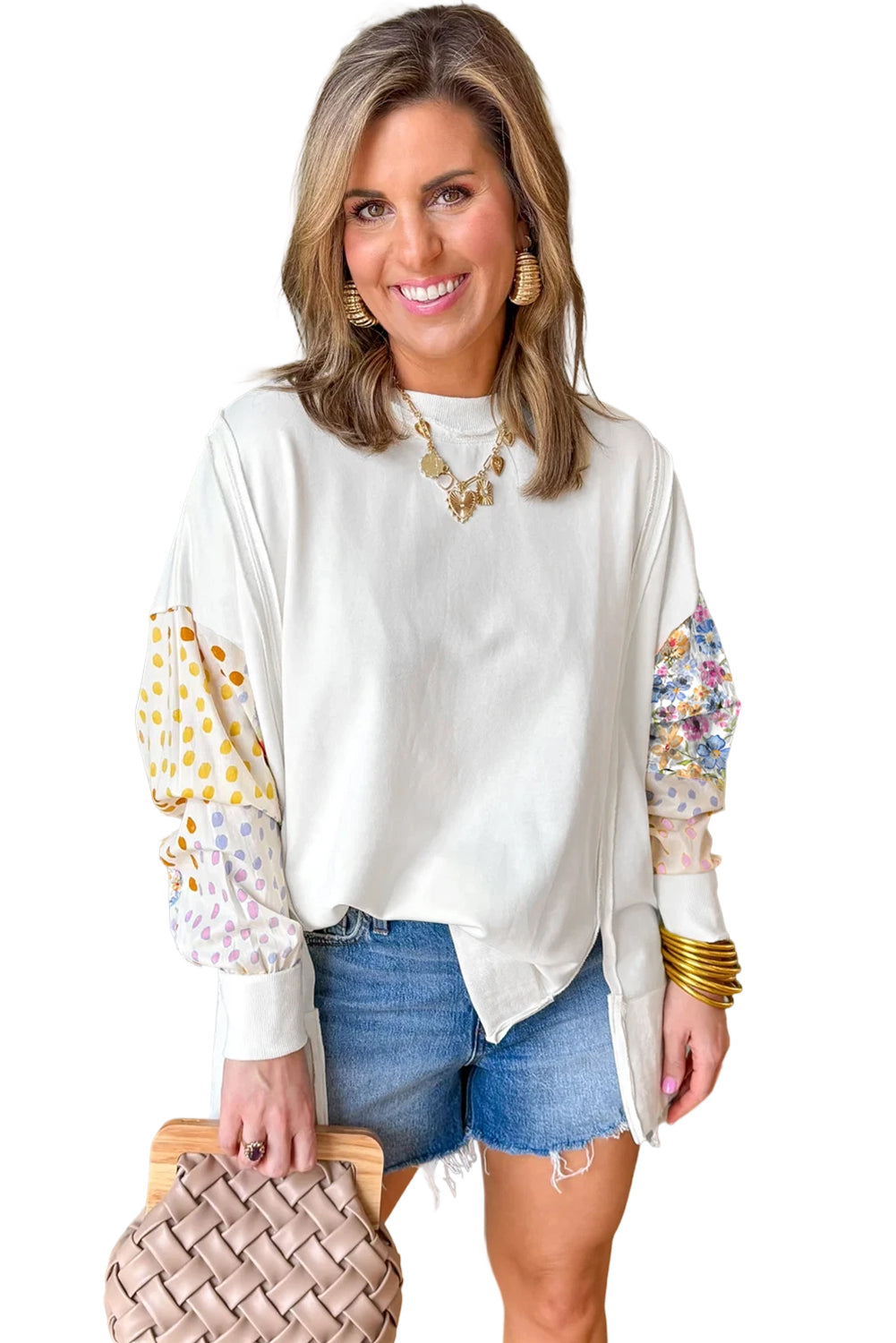 White Floral Dotted Mixed Print Patchwork Sleeve High Low Casual Sweatshirt-Tops/Sweatshirts & Hoodies-[Adult]-[Female]-2022 Online Blue Zone Planet
