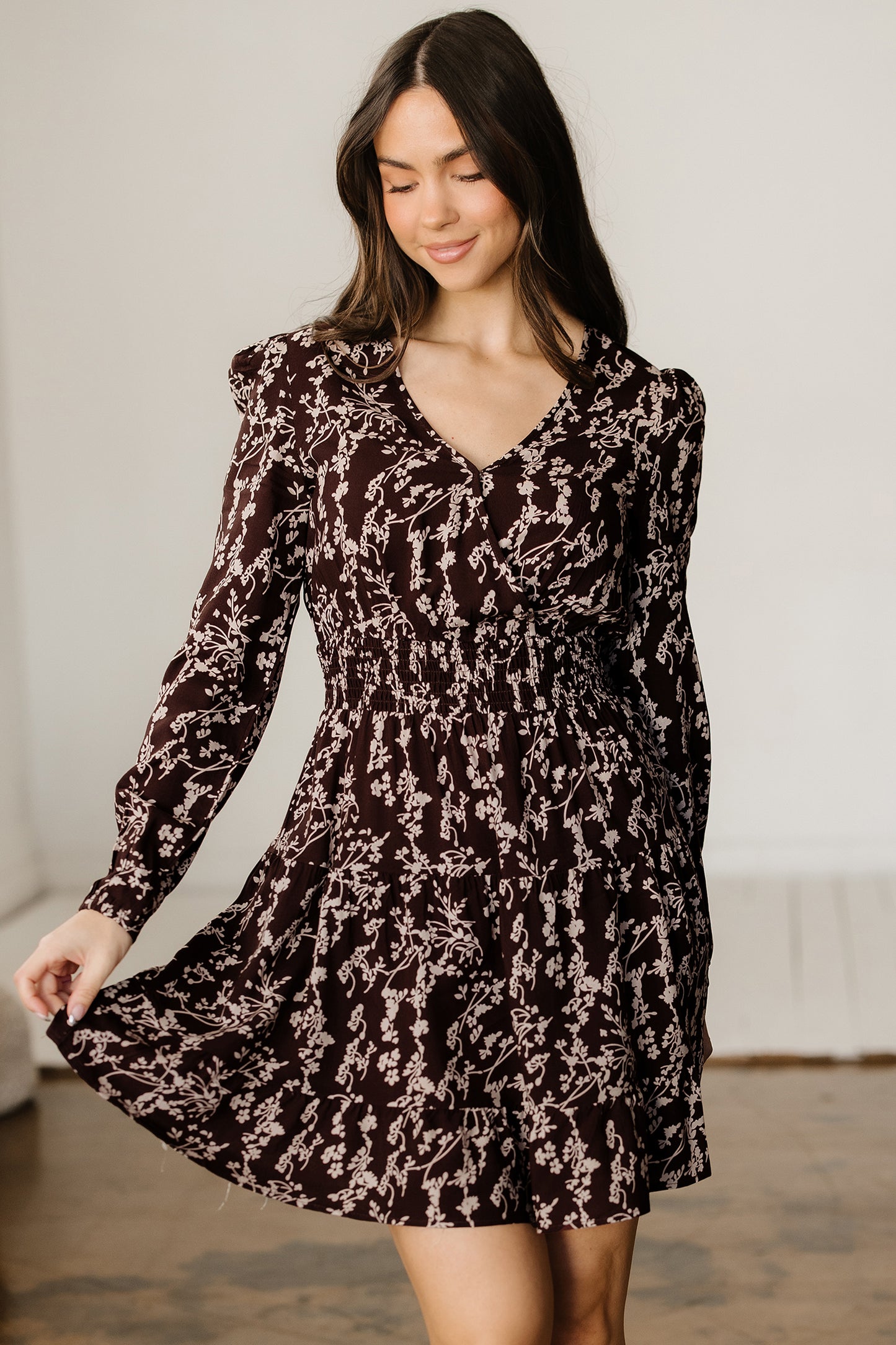 brown ditsy dress Brown Ditsy Floral Print Split Neck Long Sleeve Shirred Waist Flared Mini Dress