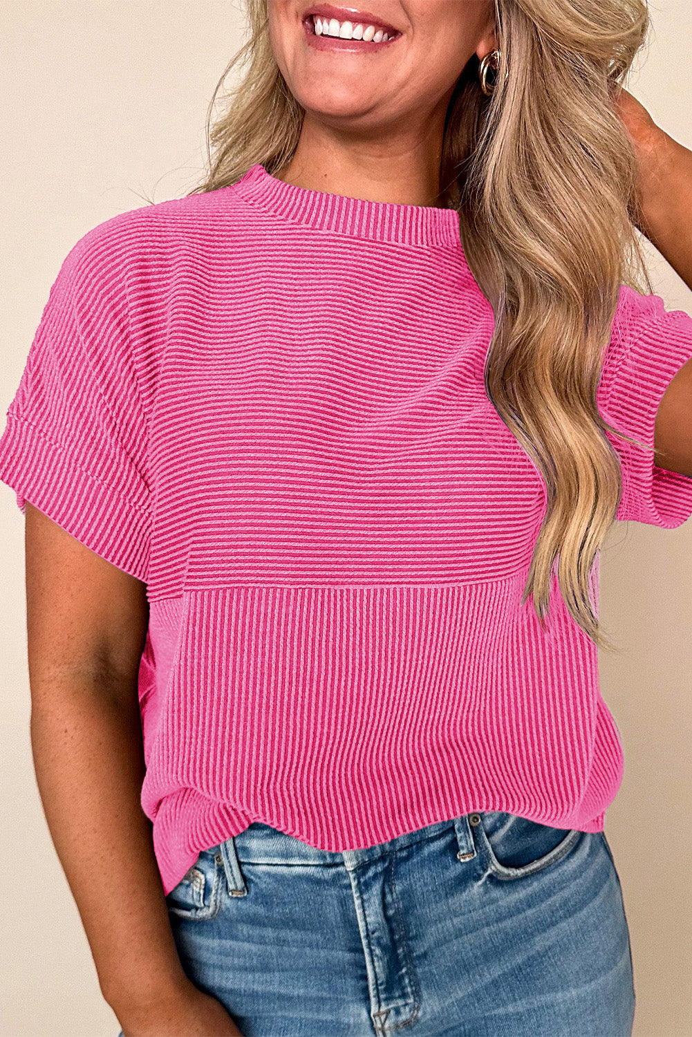 Bright Pink Plain Corded Knit Mock Neck T Shirt-Tops/Tops & Tees-[Adult]-[Female]-Bright Pink-S-2022 Online Blue Zone Planet
