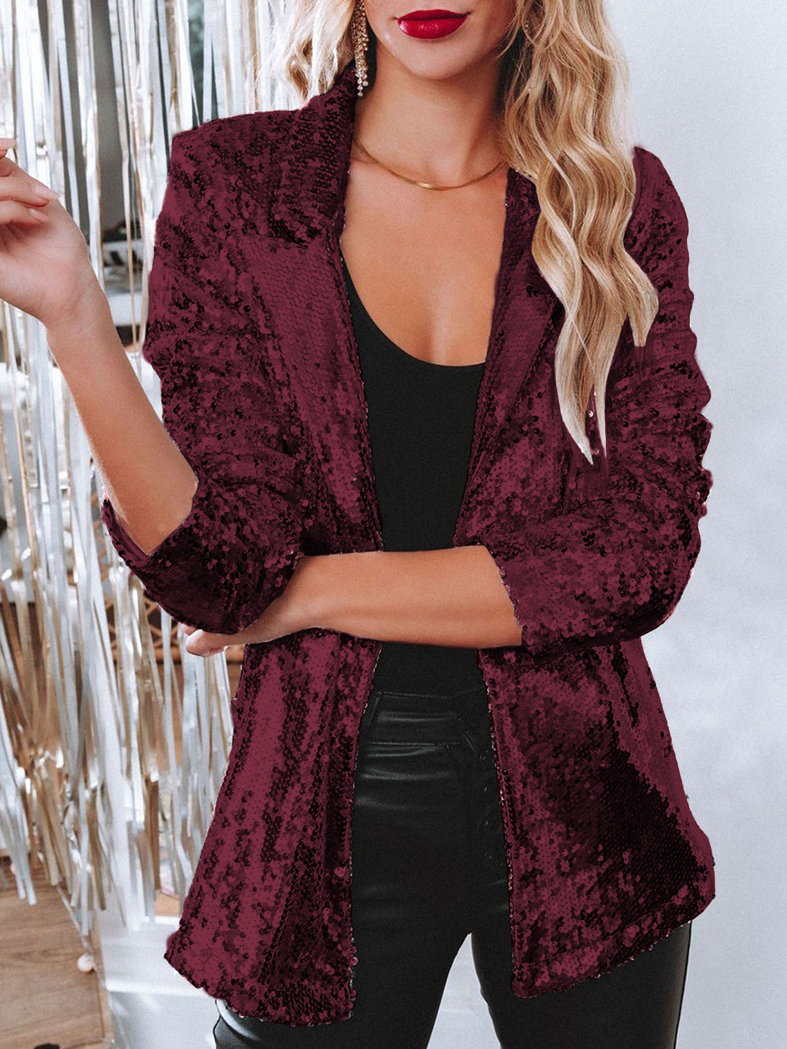 Blue Zone Planet | Sequin Lapel Collar Long Sleeve Blazer-TOPS / DRESSES-[Adult]-[Female]-Burgundy-S-2022 Online Blue Zone Planet