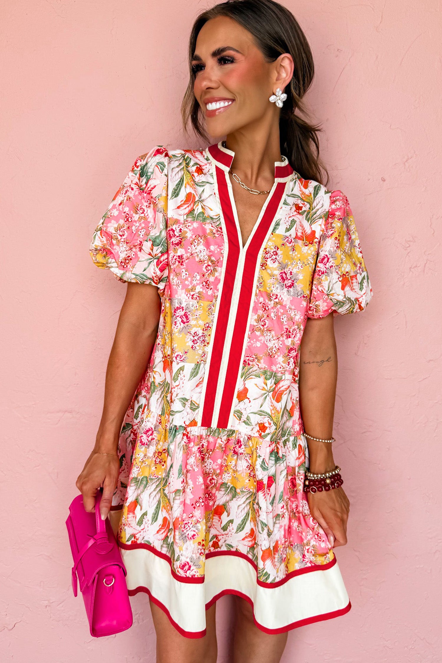 Pink Color Block Floral Print Contrast Trim V Neck Ruffle Hem Mini Dress-TOPS / DRESSES-[Adult]-[Female]-2022 Online Blue Zone Planet