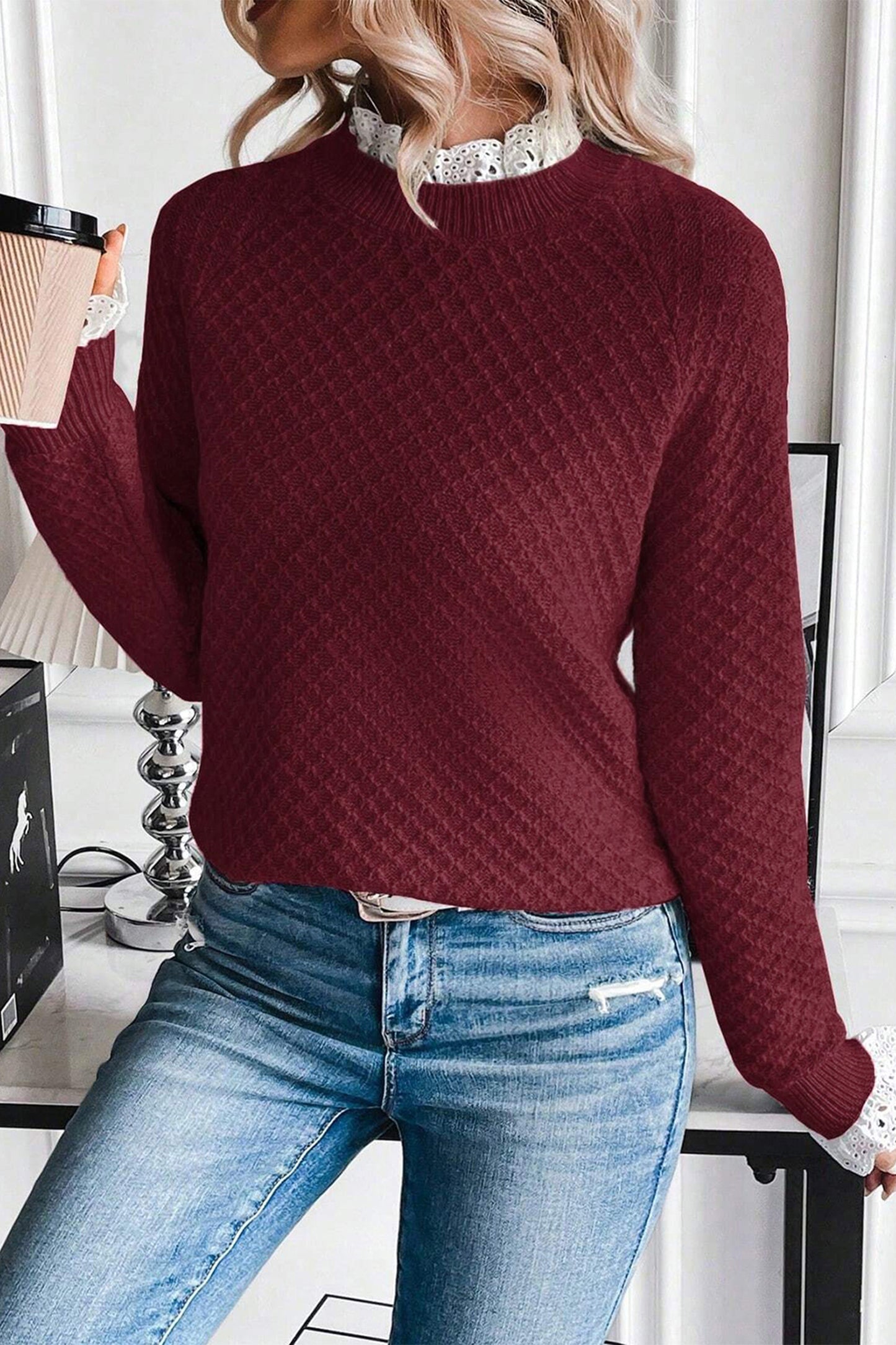 Burgundy Contrast Lace Frilled Trim Raglan Sleeve Sweater-TOPS / DRESSES-[Adult]-[Female]-2022 Online Blue Zone Planet
