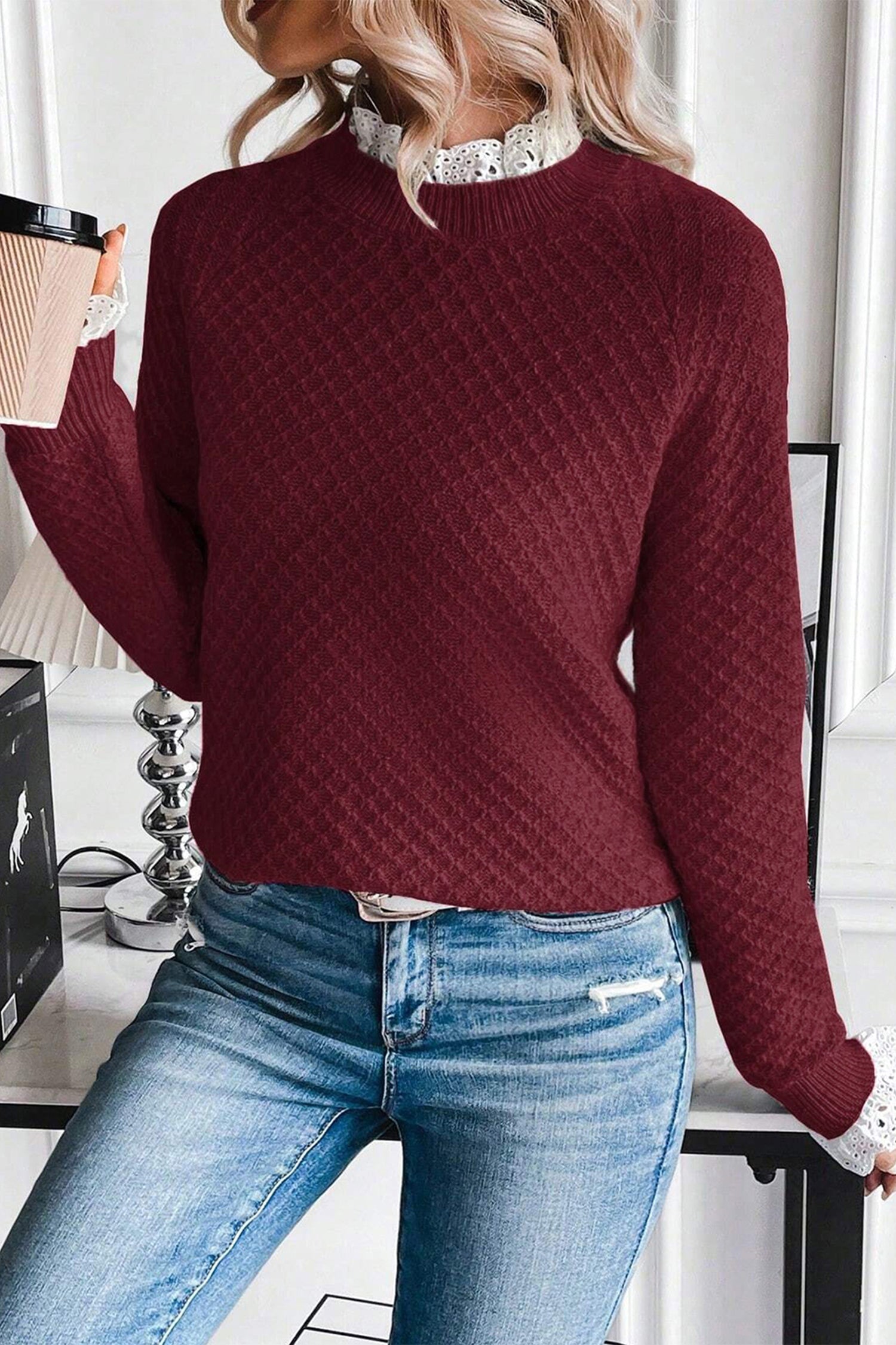 Burgundy Contrast Lace Frilled Trim Raglan Sleeve Sweater-TOPS / DRESSES-[Adult]-[Female]-2022 Online Blue Zone Planet