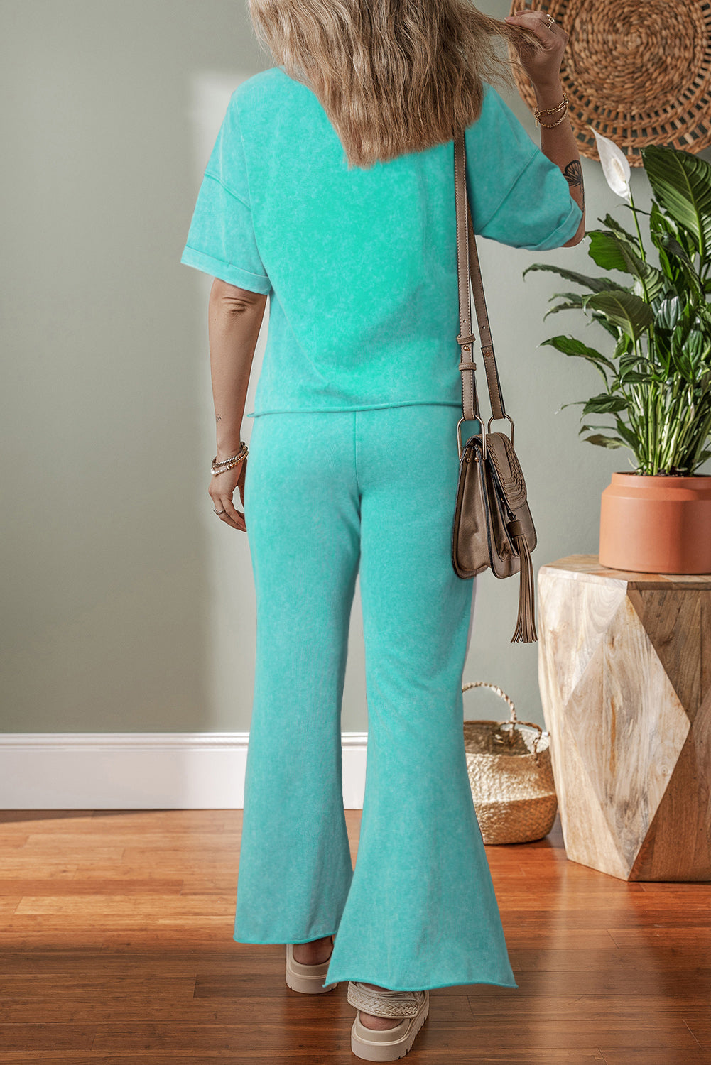 Mint Green Acid Wash Star Patched Rolled Trim Pants Set-Two Piece Sets/Pant Sets-[Adult]-[Female]-2022 Online Blue Zone Planet