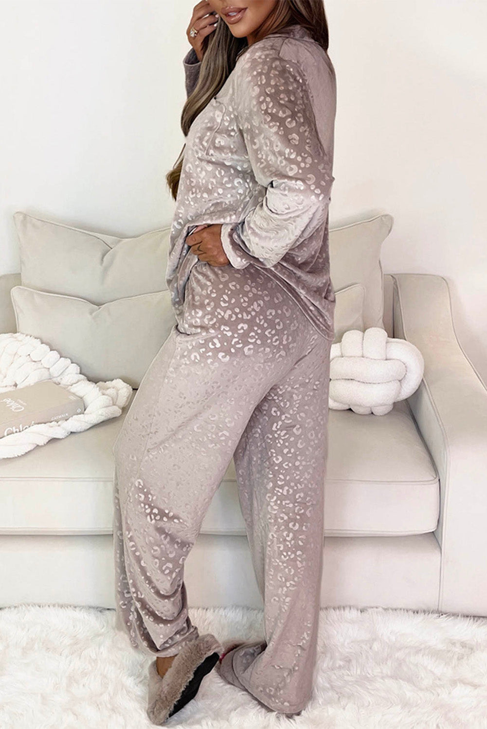 Brown Velvet Leopard Print Shirt and Pants Pajama Set-Loungewear & Sleepwear/Sleepwear-[Adult]-[Female]-2022 Online Blue Zone Planet