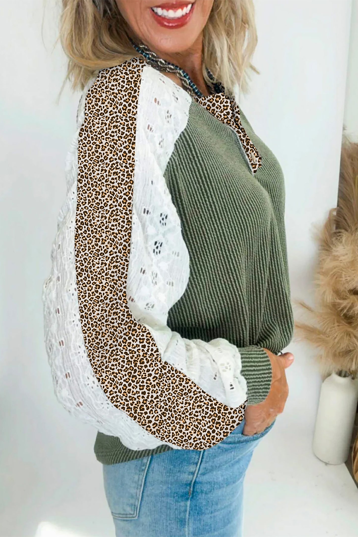 Vineyard Green Twisted Ribbed Leopard Lace Contrast Patchwork Long Sleeve Top-Tops/Long Sleeve Tops-[Adult]-[Female]-2022 Online Blue Zone Planet