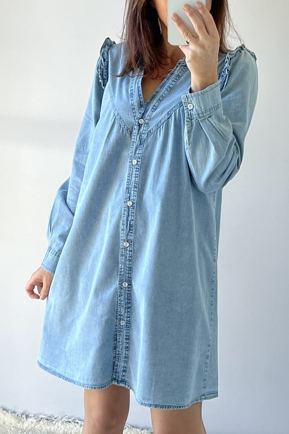 Blue Zone Planet | Myosotis Ruffled V Neck Buttoned Shift Denim Dress-TOPS / DRESSES-[Adult]-[Female]-2022 Online Blue Zone Planet