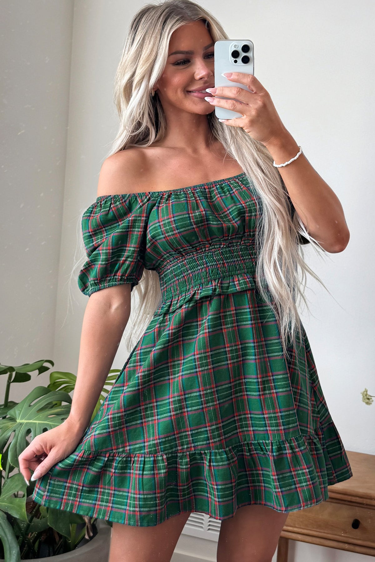 Green Plaid Shirred U Neck Short Sleeve Mini Dress-TOPS / DRESSES-[Adult]-[Female]-2022 Online Blue Zone Planet