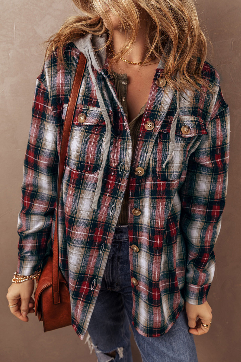 Red Plaid Print Chest Pocket Buttoned Hooded Shacket-Outerwear/Plaid Shackets-[Adult]-[Female]-Red-S-2022 Online Blue Zone Planet