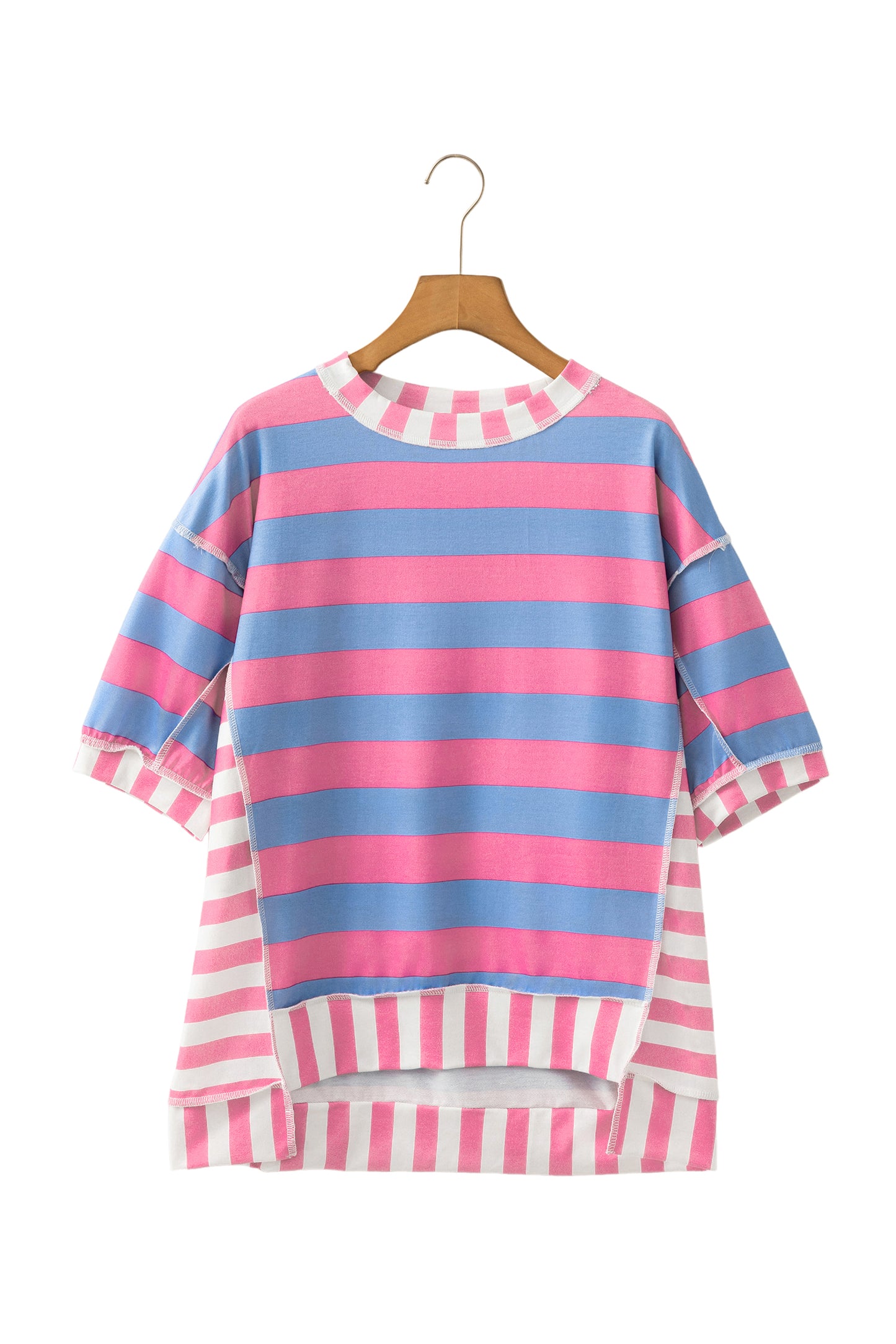 Pink Stripe Exposed Seam Contrast Patchwork Oversized Top-Tops/Tops & Tees-[Adult]-[Female]-2022 Online Blue Zone Planet