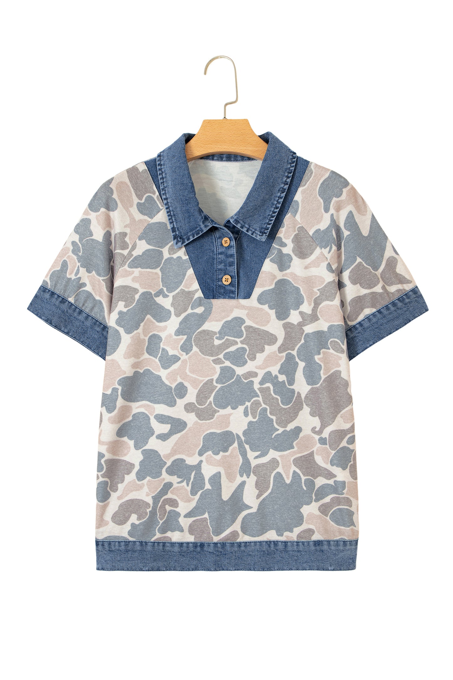Multicolour Camouflage Print Denim Patchwork Polo Collar Tee-Tops/Tops & Tees-[Adult]-[Female]-2022 Online Blue Zone Planet