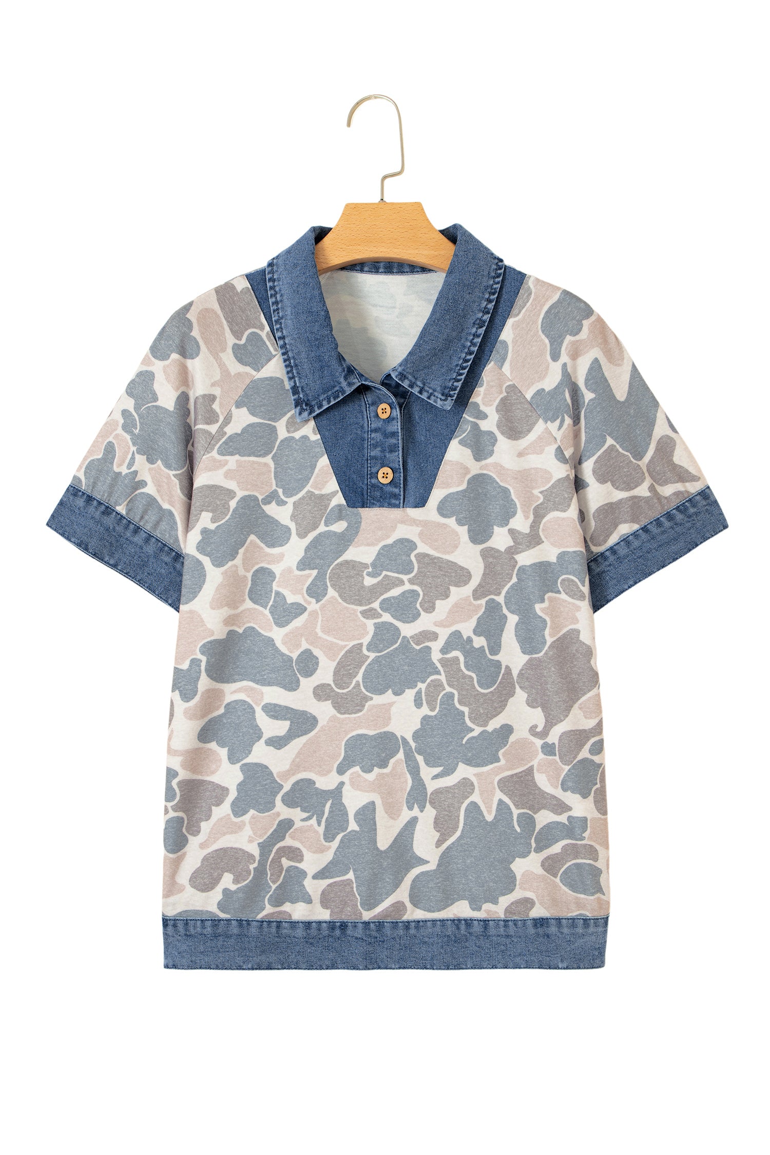 Multicolour Camouflage Print Denim Patchwork Polo Collar Tee-Tops/Tops & Tees-[Adult]-[Female]-2022 Online Blue Zone Planet