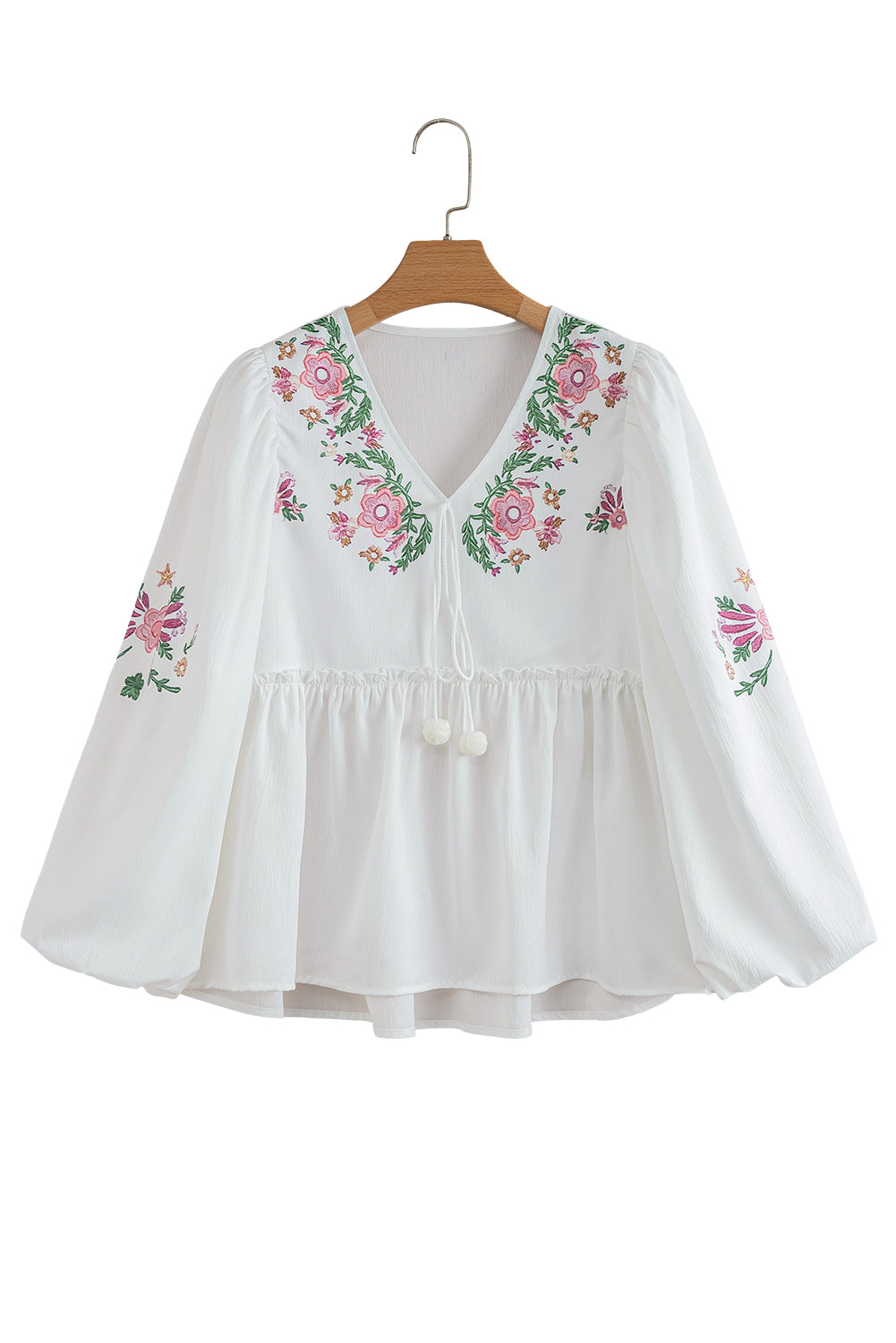 White Flower Lace-Up V Neck Babydoll Blouse-Tops/Blouses & Shirts-[Adult]-[Female]-2022 Online Blue Zone Planet