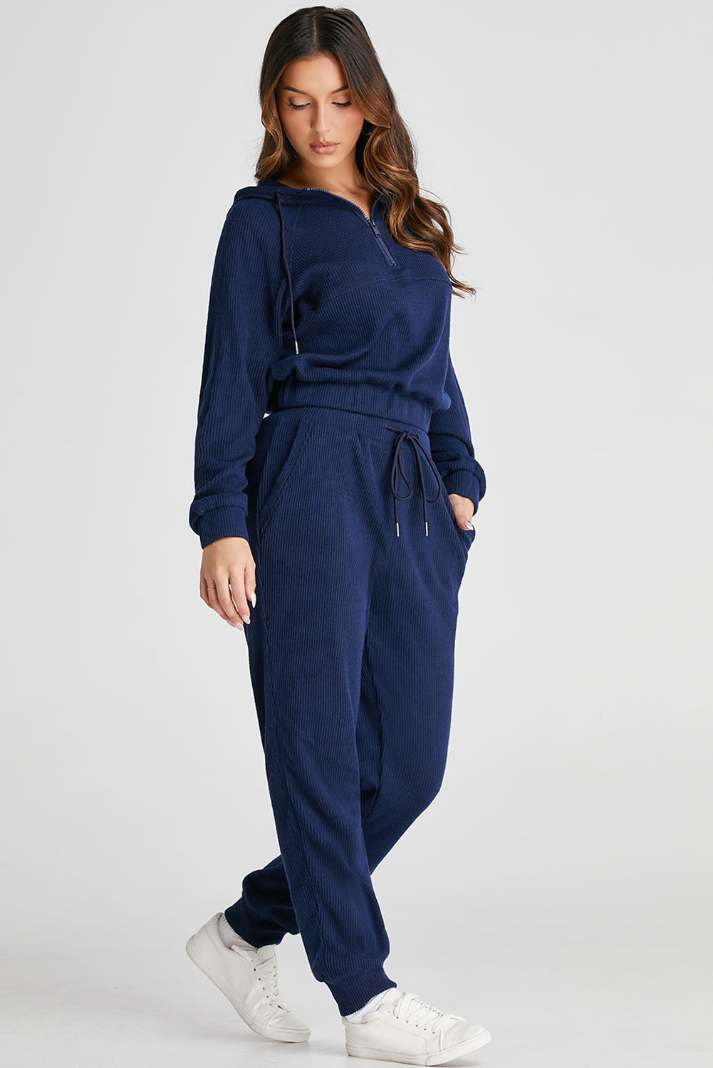 Navy Blue Ribbed Knit Cropped Hoodie and Drawstring Joggers Set-Activewear/Activewear Sets-[Adult]-[Female]-2022 Online Blue Zone Planet