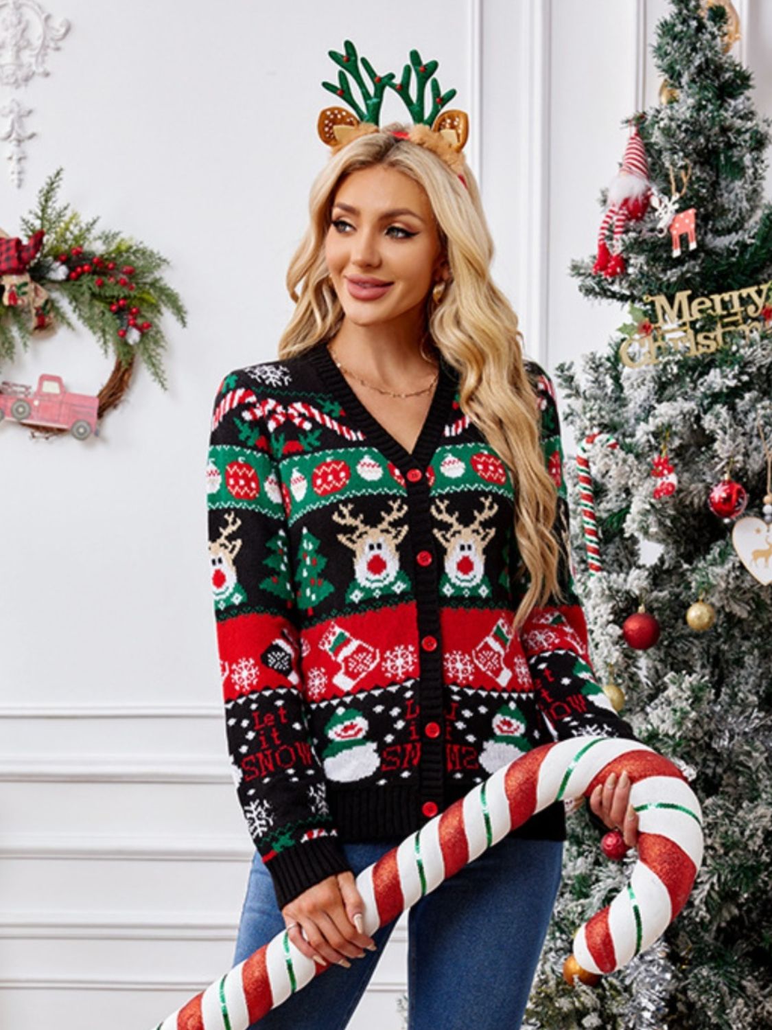 Reindeer Button Up Long Sleeve Cardigan-TOPS / DRESSES-[Adult]-[Female]-2022 Online Blue Zone Planet