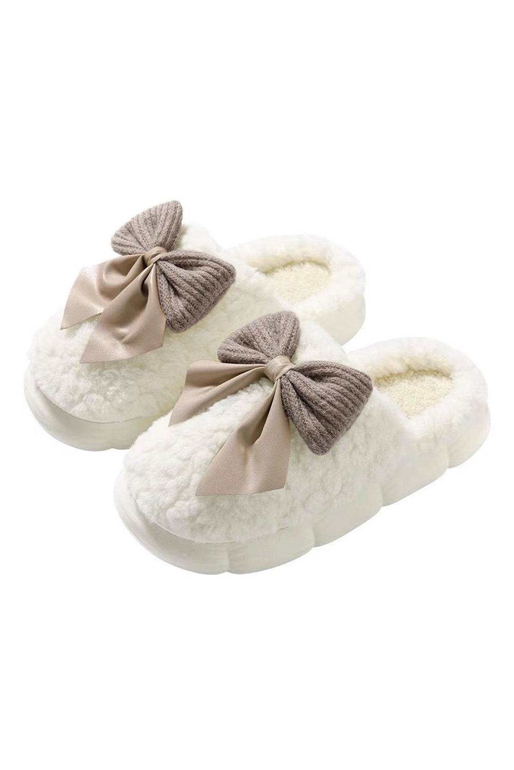 Blue Zone Planet | Pink Contrast Bowknot Applique Plush Winter Slippers-SHOES-[Adult]-[Female]-2022 Online Blue Zone Planet