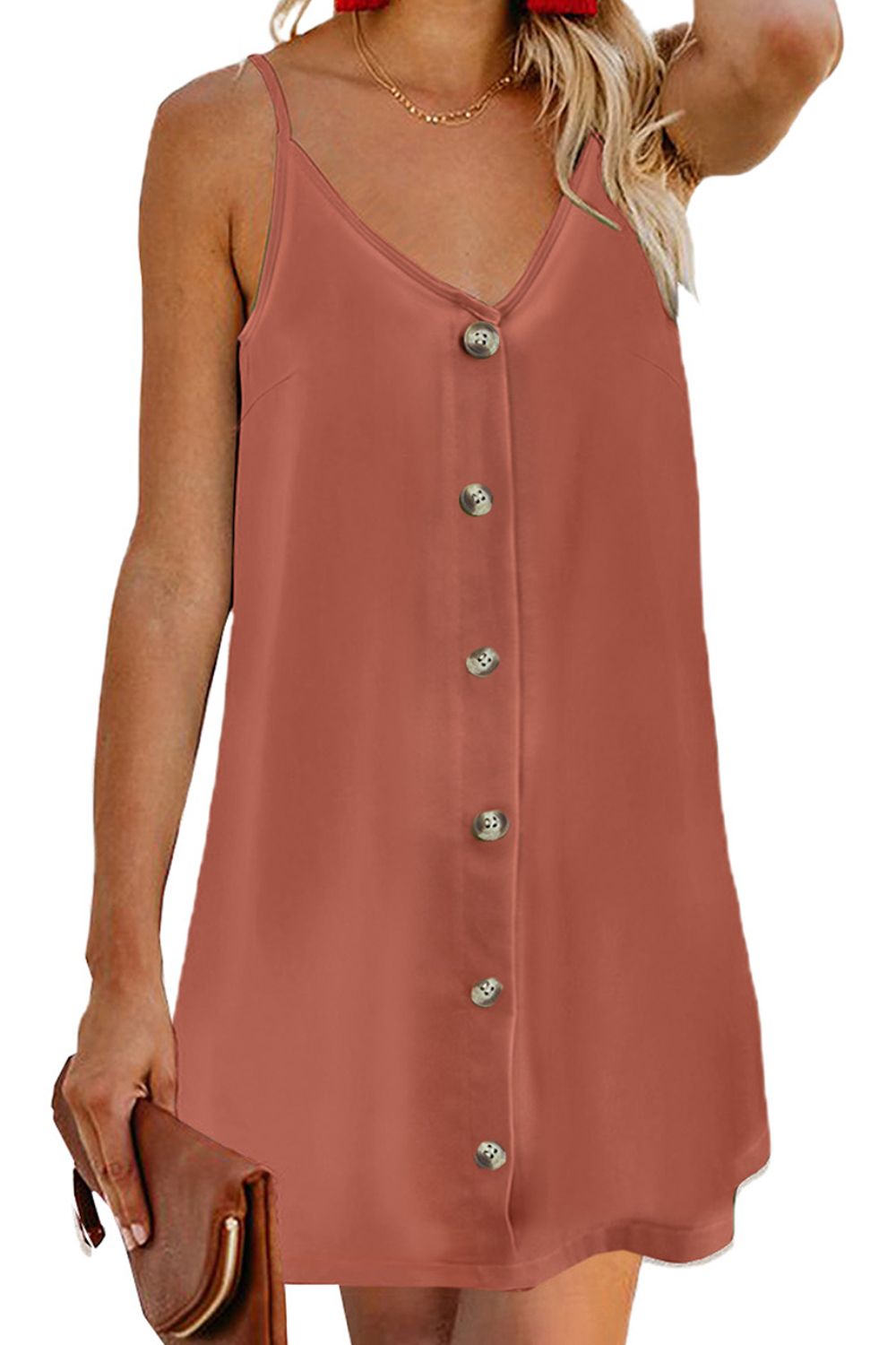 V-Neck Mini Cami Dress-TOPS / DRESSES-[Adult]-[Female]-Caramel-S-2022 Online Blue Zone Planet